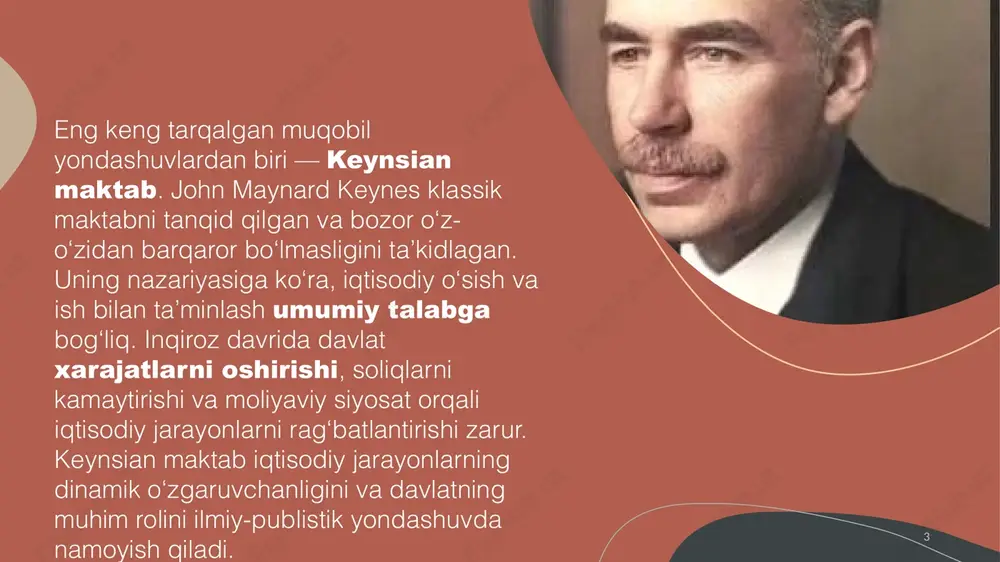 an, klassik maktabga muqobil g‘oyalar iqtisodiy nazariyani boyitadi, bozor va davlat o‘rtasidagi uyg‘unlikni ta’minlaydi, zamonaviy iqtisodiy jarayonlarni tahlil qilishda amaliy vosita bo‘lib xizmat qiladi. ular siyosat va strategiyalarni shakllantirishda muhim ahamiyatga ega bo‘lib, iqtisodiy barqarorlik, ijtimoiy adolat va resurslarni samarali taqsimlash tamoyillarini ilgari suradi. 1 fevralya 20xx 9 shuni ta’kidlash joizki, klassik maktabga muqobil g‘oyalarni uyg‘unlashtirish orqali zamonaviy iqtisodiyotda samarali siyosat va strategiyalar ishlab chiqish mumkin. bozor va davlat o‘rtasidagi balansni saqlash, ijtimoiy himoya tizimini kuchaytirish, pul va fiskal siyosatni uyg‘unlashtirish, hamda institutsional mexanizmlarni rivojlantirish orqali iqtisodiy barqarorlik va o‘sish ta’minlanadi. klassik maktabga muqobil g‘oyalar iqtisodiy nazariyani boyitadi, zamonaviy iqtisodiy jarayonlarni tahlil qilishda amaliy vosita bo‘lib xizmat qiladi. ular siyosat va strategiyalarni shakllantirishda muhim ahamiyatga ega, iqtisodiy barqarorlik, ijtimoiy adolat va resurslarni samarali taqsimlash tamoyillarini ilgari suradi. shu bilan birga, bu yondashuvlar global iqtisodiy o‘zgarishlar va krizislarni oldindan ko‘ra olish va ularga mos javob strategiyasini ishlab chiqishda foydalidir. image1.jpeg image2.jpeg …