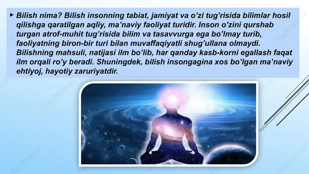 i jarayondir. aqliy bilishda narsa va xodisalarning tub mohiyatini bilish uchun ulardan fikran o’zoqlashish talab etiladi. masalan, insonning mohiyati uning sezgi a’zolarimiz qayd etadigan kelishgan qaddi-qomati, chiroyli qoshu ko’zi, ijodkor quli, oyoqlari bilan belgilanmaydi. insonning mohiyati avvalo, uning aql va tafakkurga, yaratish qudratika, mehr-shafqat hissiga, mehnat qilish, so’zlash qobiliyatika ega ekaniligida namoyon bo’ladi. aqliy bilish narsa va hodisalarga xos bo’lgan belgi va xususiyatlarni tasdiqlash yoki inkor etishni takozo etadi. tafakkurga xos bo’lgan ana shu tasdiqlash yoki inkor etish qobiliyatika xukm deyiladi. xukmlar tushunchalar vositasida shakllanadi. xukmlar yangi bilimlar hosil qilishka imkoniyat yaratadi, ular vositasida narsa va xodisalar mohiyatiga chuqurroq kirib boriladi. shunday qilib, xukm narsa va xodisalarning tub mohiyatini ifodalovchi eng muhim belgi va xususiyatlar mavjudligini yo tasdiqlaydi yoki inkor etadi. masalan, «inson aqlli mavjudotdir», degani xukmda insonga xos eng asosiy belgi - aqlning mavjudliki tasdiqlanayapti. biroq inson shunday murakkab mavjudotdirki, uning mohiyati faqat aqlli mavjudot ekanligi bilan cheklanmaydi. chunki …