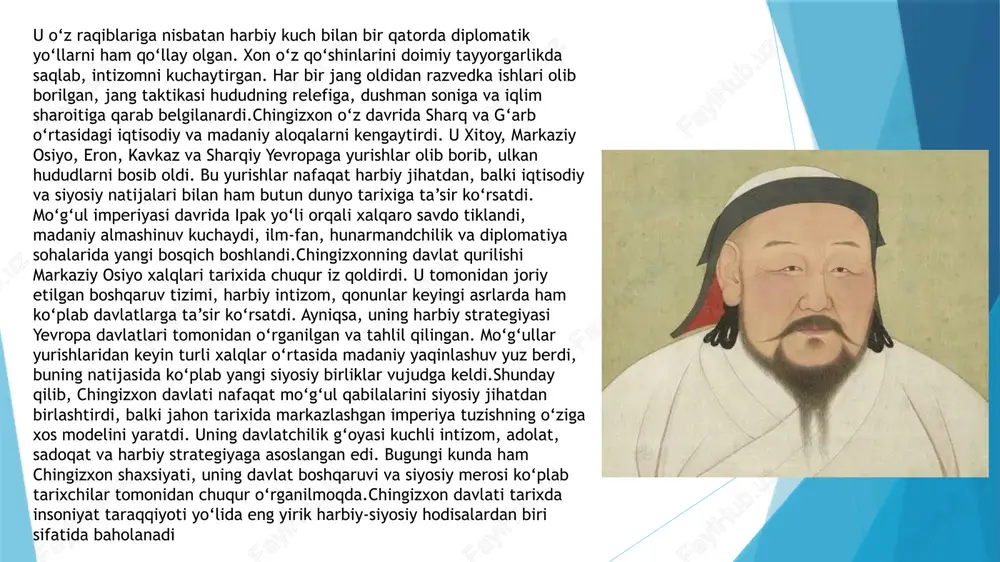 n chorvachilikka asoslangan bo‘lib, siyosiy jihatdan ularning o‘zaro urushlari, ichki nizolari kuchli edi. shu sharoitda temuchin nomi bilan tanilgan yosh mo‘g‘ul lashkarboshisi o‘zining aql-zakovati, jasorati va strategik iste’dodi bilan qabilalarni birlashtirish ishiga kirishdi.temuchin 1162-yilda onon daryosi bo‘yida, borjigin urug‘iga mansub oilada tug‘ilgan. u yoshlik chog‘idayoq turli sinovlardan o‘tgan, otasi yesugay bahodirning vafotidan so‘ng oilasi og‘ir sharoitda qolgan. biroq temuchinning kuchli irodasi, siyosiy fikrlash qobiliyati va harbiy iste’dodi uni asta-sekin qabila sardorlari orasida yetakchi shaxsga aylantirdi. u 1206-yilda barcha mo‘g‘ul qabilalarini o‘z hokimiyati ostida birlashtirib, “buyuk xon” – ya’ni chingizxon unvonini oldi. shu yildan boshlab mo‘g‘ul imperiyasi tarix sahnasiga chiqdi.chingizxon davlatining tashkil topishi o‘ziga xos siyosiy tizim va boshqaruv shakllari bilan ajralib turardi. u markazlashgan boshqaruvni yo‘lga qo‘ydi, qat’iy qonun-qoidalar majmuasini – “yoso” deb atalgan qonun tizimini yaratdi. bu qonunlar orqali tartib-intizom, sadoqat va adolat tamoyillari kuchaytirildi. harbiy tizim esa o‘nlik, yuzlik, minglik va tumanlik birliklariga bo‘lingan bo‘lib, bu tartib harbiy …