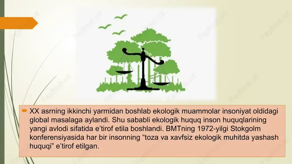 . o‘zbekistonda so‘nggi yillarda ekologik siyosat tubdan takomillashdi. 2023-yilda “yashil makon” umummilliy loyihasi doirasida millionlab daraxt va butalar ekilmoqda. shuningdek, “ekologik nazorat to‘g‘risida”gi qonun (2021-yil) ekologik holatni baholash va monitoring qilish tizimini kuchaytirdi. davlat ekologiya qo‘mitasi va “ekologik partiya” faoliyati ham fuqarolarning ekologik huquqlarini himoya qilishda muhim rol o‘ynaydi. ekologik huquqlar faqat qonunlar bilan emas, balki ekologik ong va madaniyat bilan ham bog‘liq. fuqarolarning ekologik mas’uliyati — chiqindilarni kamaytirish, suv va energiyani tejash, tabiiy muhitni saqlashga hissa qo‘shishdan iborat. ekologik huquqlarni himoya qilish uchun jamoatchilik tashkilotlari, yoshlar harakatlari, ekologik aksiyalar kengayib bormoqda. afsuski, amaliyotda ekologik huquqlar ko‘plab buzilishlarga duch keladi: havoning ifloslanishi, suv resurslarining isrof qilinishi, chiqindilarning to‘planishi, noqonuniy daraxt kesish va foydali qazilmalarni talon-toroj qilish shular jumlasidandir. bunday holatlar uchun “ma’muriy javobgarlik to‘g‘risidagi kodeks” va “jinoyat kodeksi”da maxsus moddalar mavjud. har bir fuqaro ekologik huquqlar buzilgan taqdirda sudga yoki tegishli davlat organlariga murojaat qilish huquqiga ega. ekologik huquqlar – …
