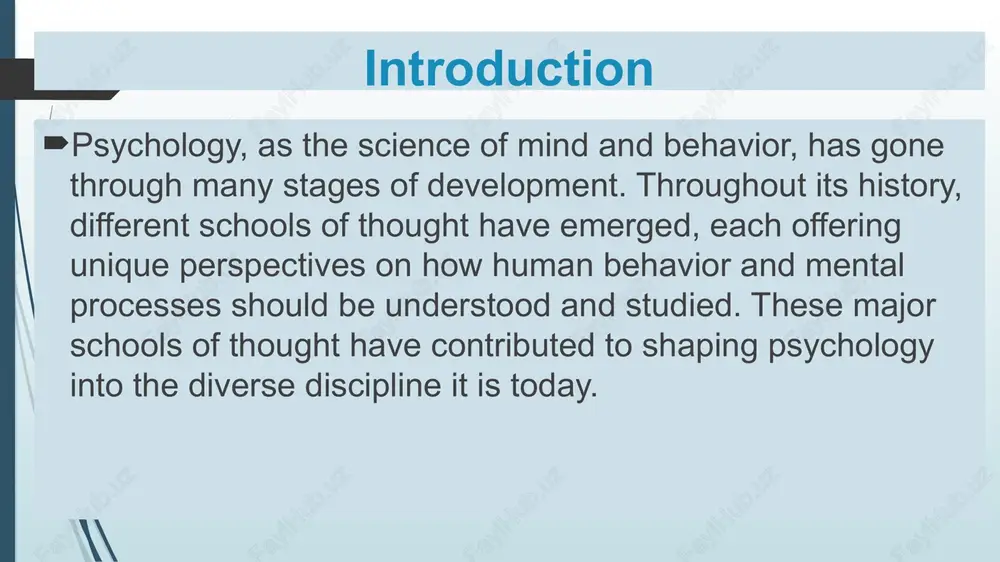 it focuses on mental processes such as perception, memory, thinking, language, and problem-solving. key figures include jean piaget, ulric neisser, and noam chomsky. unlike behaviorism, cognitive psychology studies what happens inside the mind, using models and experiments to understand how information is processed. today, it forms the basis for artificial intelligence, neuroscience, and educational psychology. conclusion each school of thought in psychology has contributed to a deeper understanding of human behavior and mental processes. structuralism and functionalism laid the foundation for scientific psychology, behaviorism brought objectivity and experimentation, psychoanalysis explored the unconscious mind, while humanistic and cognitive psychology emphasized personal growth and mental processes. modern psychology integrates ideas from all these schools, creating a more holistic and comprehensive approach to studying the human mind. references wundt, w. (1897). outlines of psychology. leipzig. james, w. (1890). the principles of psychology. new york: henry holt. freud, s. (1923). the ego and the …
