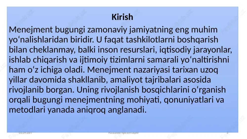 ment tizimi milliy qadriyatlar va bozor iqtisodiyoti tamoyillari asosida shakllandi. respublikada boshqaruvning zamonaviy usullarini o‘rganish, menejerlar tayyorlash, xalqaro tajribalarni tatbiq etish bo‘yicha keng ishlar amalga oshirilmoqda. 03.09.20gg nazvanie prezentatsii 12 12 prezident sh.m. mirziyoyev tomonidan ilgari surilgan “yangi o‘zbekiston” konsepsiyasi doirasida boshqaruv tizimlari soddalashtirilib, natijadorlik, mas’uliyat va ochiqlik tamoyillari kuchaytirildi. bugungi kunda menejment nafaqat iqtisodiy sohada, balki ta’lim, sog‘liqni saqlash, madaniyat va davlat xizmatlari tizimida ham muhim o‘rin tutadi. xulosa 03.09.20gg nazvanie prezentatsii 14 menejment nazariyasining rivojlanish bosqichlari insoniyat tafakkurining evolyutsion jarayonidir. u dastlab mehnat taqsimoti va intizom g‘oyasidan boshlangan bo‘lsa, bugungi kunda ilm-fan, texnologiya va psixologiya bilan uzviy bog‘liq fan sifatida shakllandi. zamonaviy menejment inson salohiyati, jamoaviy ish, raqamli texnologiyalar va innovatsion yondashuvlarga tayanadi. o‘zbekiston sharoitida esa milliy qadriyatlar asosida samarali boshqaruv modeli shakllanmoqda. shu bois menejment fanining rivojlanishi mamlakat taraqqiyotining muhim omillaridan biri hisoblanadi. foydalanilgan adabiyotlar 03.09.20gg nazvanie prezentatsii 15 fayol a. “umumiy va sanoat boshqaruvi”. — toshkent: …