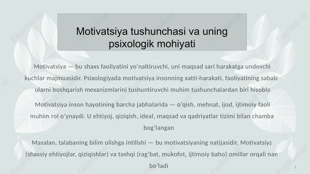 hi ichki va tashqi omillar majmui c) shaxsning xatti-harakatini nazorat qiluvchi tizim d) ijtimoiy muhitning inson ruhiyatiga ta’siri to‘g‘ri javob: b 2. quyidagilardan qaysi biri motivatsiya manbai hisoblanadi? a) hissiyotlar b) qobiliyat c) ehtiyojlar d) xotira to‘g‘ri javob: c 3. ichki motivatsiyaga misol keltiring: a) maosh olish uchun ishlash b) bahoga o‘qish c) bilim olishdan zavqlanish d) rag‘batnoma olish uchun harakat qilish to‘g‘ri javob: c 4. psixologiyada motiv deganda nima tushuniladi? a) insonda paydo bo‘ladigan stress holati b) faoliyatning bevosita sababi c) tashqi rag‘bat shakli d) ijtimoiy ta’sir natijasi to‘g‘ri javob: b 5. quyidagi metodlardan qaysi biri motivatsiyani o‘rganishda qo‘llanilmaydi? a) so‘rovnoma b) kuzatish c) rorshax testi d) elektrokardiogramma (ekg) to‘g‘ri javob: d 6. shaxs hissiyotlari asosan qanday omillar orqali namoyon bo‘ladi? a) harakat, mimika va fiziologik o‘zgarishlar orqali b) fikr va tafakkur jarayonlari orqali c) xotira va diqqat orqali d) qobiliyatlar orqali to‘g‘ri javob: a 7. eksperimental psixologiyada hissiyotlarni …