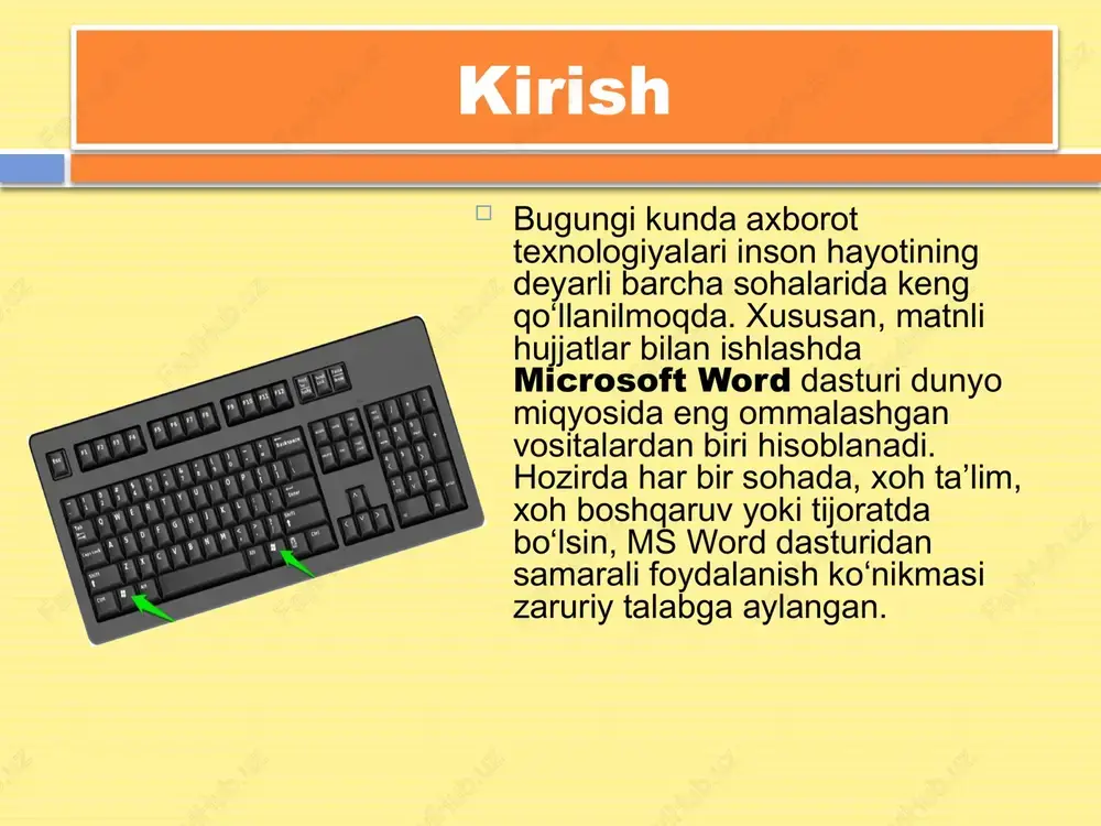 a qilib aytganda, microsoft word dasturi nafaqat matn yozish, balki hujjatlarni professional darajada tayyorlash uchun eng qulay vositadir. dasturdagi funksional klavishlar esa bu jarayonni ancha yengillashtiradi, foydalanuvchiga tezlik, aniqlik va samaradorlik beradi. har bir foydalanuvchi ms word dasturining imkoniyatlaridan to‘liq foydalana olishi uchun, ayniqsa f1–f12 klavishlari va ularning kombinatsiyalarini yaxshi bilishi zarur. bu nafaqat ofis ishlarini tezlashtiradi, balki foydalanuvchining kompyuter savodxonligini ham oshiradi. zamonaviy axborot jamiyatida hujjat bilan ishlash madaniyati har bir inson uchun zarur ko‘nikma bo‘lib, funksional klavishlar bu jarayonni yanada samarali qiladi. image3.png image4.png image5.png image6.png image7.png image8.png image9.png image10.png image11.png /docprops/thumbnail.jpeg