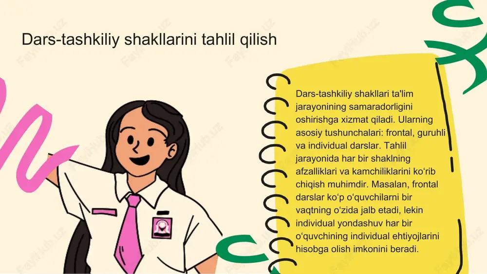 rdam beradi. ushbu usullar o'qitish jarayonida ko'p hollarda qo'llaniladi, masalan, an'anaviy darslar, seminarlar va laboratoriya mashg'ulotlarida. ular o'quvchilarga nazariy bilimlarni berish va amaliy ko'nikmalarni rivojlantirishda muhim ahamiyatga ega. zamonaviy ta'lim usullarining afzalliklari zamonaviy ta'lim usullari o'quvchilarning qiziqishini oshirish uchun interaktiv va ko'p qirrali yondashuvlarni o'z ichiga oladi. masalan, guruh muhokamalari, loyiha asosidagi ta'lim va raqamli texnologiyalarni qo'llash o'quvchilarning faol ishtirokini ta'minlaydi. o'quvchilarni qiziqtirish bu usullar o'quvchilarga o'z fikrlarini ifoda etish, muammolarni hal qilish va ijodiy yondashuvni rivojlantirish imkonini beradi. natijada, o'quvchilar o'zlarining ta'lim jarayoniga yanada qiziqish bilan yondashadilar. an'anaviy va zamonaviy usullar solishtirishi an'anaviy ta'lim usullari, ko'pincha, o'qituvchining o'quvchilarga ma'lum bir bilimni etkazishiga asoslangan. bu usullar kuchli bo'lib, an'anaviy nazorat va tartibni ta'minlaydi, lekin o'qitish jarayonini passivlashtirishi mumkin. zamonaviy ta'lim usullari esa o'quvchilarni faol ishtirok etishga undaydi, shuningdek, texnologiyalardan foydalanishni o'z ichiga oladi. biroq, bu usullar ham ba'zan tartibsizlik yoki nazoratning yo'qligiga olib kelishi mumkin. har ikki usulning kuchli va …