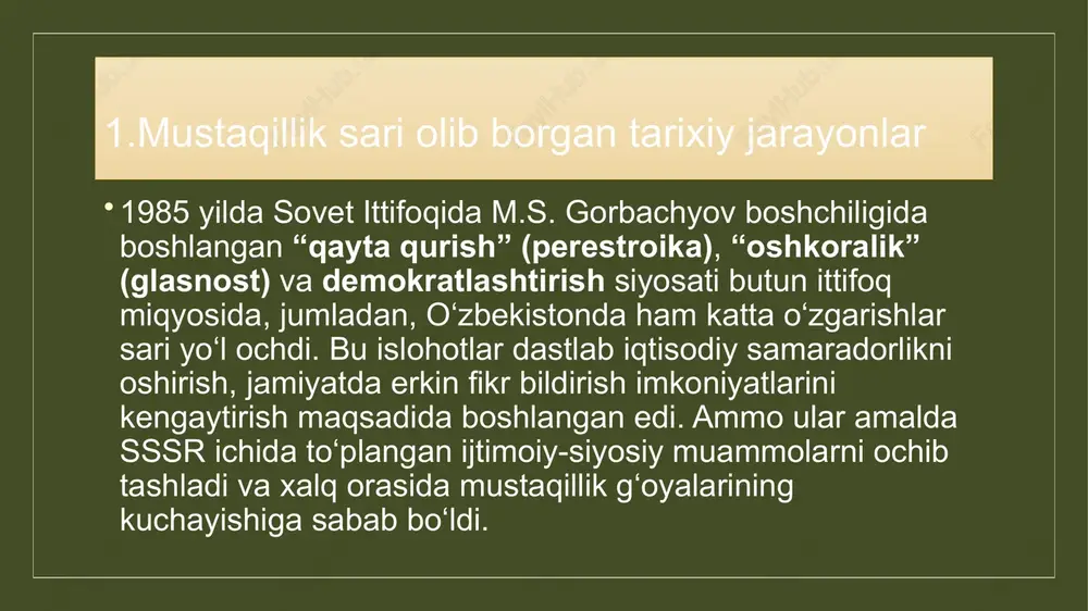 irishdi. 1991 yil 25 avgustda o’zbekiston prezidentining farmoni e’lon qilindi. farmonga binoan respublika ichki ishlar vazirligi va davlat xavfsizligi qo’mitasi o’zbekiston ssrning qonuniy tasarrufiga olindi. respublika hududida joylashgan sssr ichki ishlar vazirligining ichki qo’shinlari bevosita o’zbekiston prezidentiga bo’ysundirildi. respublika ichki ishlar vazirligi, davlat xavfsizlik qo’mitasi, prokuraturasi va adliya organlari , shuningdek, respublika hududida joylashgan ichki qo’shinlar, turkiston harbiy okrugi qismlari va qo’shilmalari partiyadan butunlay xalos qilindi. o’zbekiston prezidenti islom karimov oliy kengash rayosatiga juda qisqa muddatda respublikaning davlat mustaqilligi to’g’risidagi qonun loyihasini tayyorlash va uni oliy kengashning navbatdan tashqari sessiyasi muhokamasiga taqdim etishni taklif qildi. oliy kengash 1991 yil 26 avgust kuni o’zbekistonning davlat mustaqilligi to’g’risida qonun loyihasini tayyorlash haqida va 31 avgustda oliy kengashning navbatdan tashqari vi sessiyasini chaqirishga qaror qildi. 1991 yil 28 avgust kuni o’zbekiston kompartiyasi mq va markaziy nazorat komissiyasining qo’shma plenumi bo’lib o’tdi. plenumda prezident i.karimovning sssrda 19-21 avgust kunlari sodir bo’lgan fojiali voqealar va …