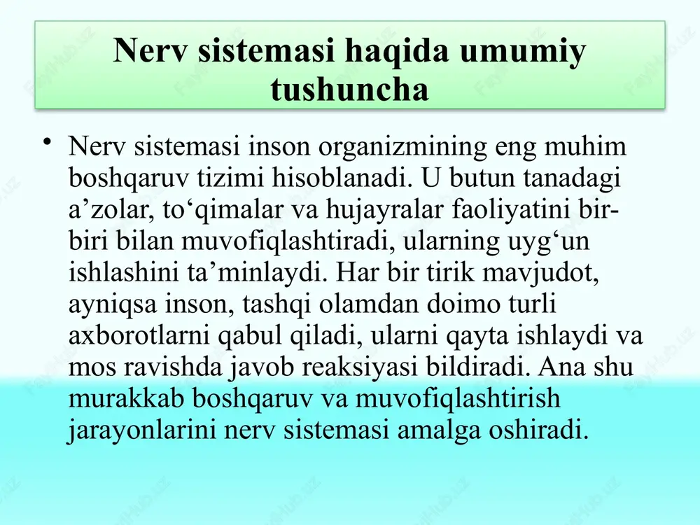 a’minlaydi. masalan, yurak urishi, nafas olish, qon bosimi, tana harorati, hatto his-tuyg‘ular ham nerv sistemasi orqali boshqariladi. nerv sistemasi shuningdek, insonning psixik faoliyatini — tafakkur, xotira, diqqat, hissiyot, sezgi va irodani shakllantiradi. xulosa nerv sistemasi — inson organizmini boshqaruvchi va muvofiqlashtiruvchi eng muhim biologik tizimdir. uning markazida esa neyronlar turadi. neyronlar millionlab o‘zaro bog‘lanib, murakkab nerv tarmoqlarini hosil qiladi, ular orqali barcha hayotiy jarayonlar muvofiqlashadi. nerv sistemasining to‘g‘ri faoliyati insonning sog‘lom, faol va ongli hayot kechirishi uchun asosiy omildir. shu bois, nerv tizimini asrash, uni to‘g‘ri rivojlantirish va parvarish qilish har bir insonning muhim vazifasidir. foydalanilgan adabiyotlar g‘oziyev e.g. umumiy psixologiya. – toshkent: fan, 2020. karimova v.m. inson fiziologiyasi va psixologiyasi asoslari. – toshkent: o‘qituvchi, 2019. to‘laganova n. anatomiya va fiziologiya asoslari. – toshkent: universitet nashriyoti, 2021. zohidov f. biologiya: inson fiziologiyasi. – toshkent, 2020. o‘zbekiston respublikasi sog‘liqni saqlash vazirligi, asab tizimi haqida ma’lumotnoma, 2022. e’tiboringiz uchun rahmat image1.png image2.png …