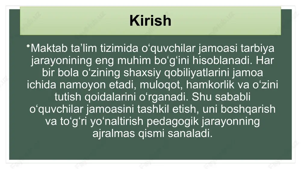 hbari, yo‘lboshchisi va tarbiyachisi sifatida harakat qiladi. u: jamoaning maqsadini aniqlaydi; faoliyatni tashkil etadi; har bir o‘quvchining qobiliyatini jamoa foydasiga yo‘naltiradi; o‘quvchilar o‘rtasida o‘zaro hurmat va intizomni shakllantiradi. o‘qituvchining pedagogik mahorati shundaki, u jamoa ichida yetakchilarni ajrata oladi, ularni boshqalarga ijobiy ta’sir ko‘rsata oladigan shaxslar sifatida tarbiyalaydi. * talabalarni qaysi sifatlarini tarbiyalab rivojlantirish lozim; * talaba axloqidagi kamchiliklarni bartaraf qilish uchun nimalar qilish kerak; 1. guruh hayoti. * guruhdagi talabalarning yoshi, ruhiy, fiziologik va gigenik holatlari; * talabalarning shaxsiy taraqqiyoti, ma’rifatlilik jihatlari; * guruhdagi jamoatchilik ishlari. xulosa o‘quvchilar jamoasi tarbiyaning samarali vositasi, shaxsni kamolga yetkazuvchi muhitdir. jamoa orqali bola nafaqat bilim, balki axloq, madaniyat, muloqot, mehnat va hamkorlik ko‘nikmalarini egallaydi. yaxlit pedagogik jarayon jamoa asosida shakllanadi, shuning uchun o‘qituvchining jamoani to‘g‘ri tashkil etishdagi roli beqiyosdir. foydalanilgan adabiyotlar: a. avloniy. turkiy guliston yoxud axloq. – toshkent, 2018. x. yo‘ldoshev. pedagogika nazariyasi va amaliyoti. – toshkent: “fan”, 2020. a. to‘raqulov. tarbiyaviy ishlar …