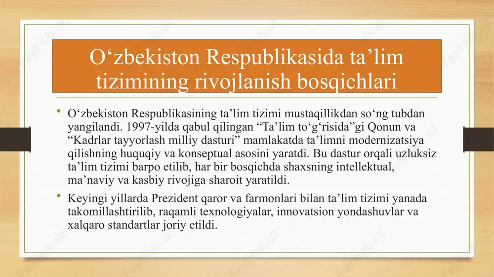 da mazkur qonun va dasturni joriy etish uchun nimalar qilinadi? respublika ta`limida nimalar o`zgardi? shu masalalarni tahlil qilishga harakat qilamiz. avvalo, ta`lim taraqqiyotining ...adhalarida ko`zalagan bosh maqsad respublika ta`limini o`sib kelayotgan yosh avlod ta`lim-tarbiyasini milliy istiqlol g`oyalari, talablari asosida tashkil etish; jamiyatimiz qadam qo`yayotgan xxi asr ta`limini taraqqiyot, ma`naviy-madaniy qarashlar ruhida bo`lishini, eng muhimi, jahon andozalariga javob bera oladigan darajada bo`lishini ta`minlashdir. shu maqsadlarni amalga oshirish yo`lida bajaradigan dastlabki tshkiliy tadbirlarning ayrimlarini ko`rib chiqamiz. avvalam bor, bu ikki qonunni ta`lim muassasalari amaliyotiga tadbiq qilish maqsadida alohida istiqbol dasturi ishlab chiqilib, vazirlik hay`ati majlisida tasdiqlandi. bu xujjatlarning maqsad va mohiyati barcha vositalar orqali ta`lim muassasalarida, ota-onalar, aholi o`rtasida keng tushuntirildi. ta`limga oid me`yoriy xujjatlar: konsepsiyalar, davlat ta`lim standartlari, talablari, o`quv rejalari va dasturlari nizomlar va boshqa me`yoriy xujjatlar yuqoridagi ichki qonun moddalariga muvofiqlashtirildi. respublikada uzliksiz ta`lim tizimi uzil-kesil shakllantirildi. ta`lim tizimini takomillashtirishda yangi pedagogik texnologiyalardan foydalanish. ta`lim taraqqiyotini yuksaltirishda zamonaviy pedagogik …