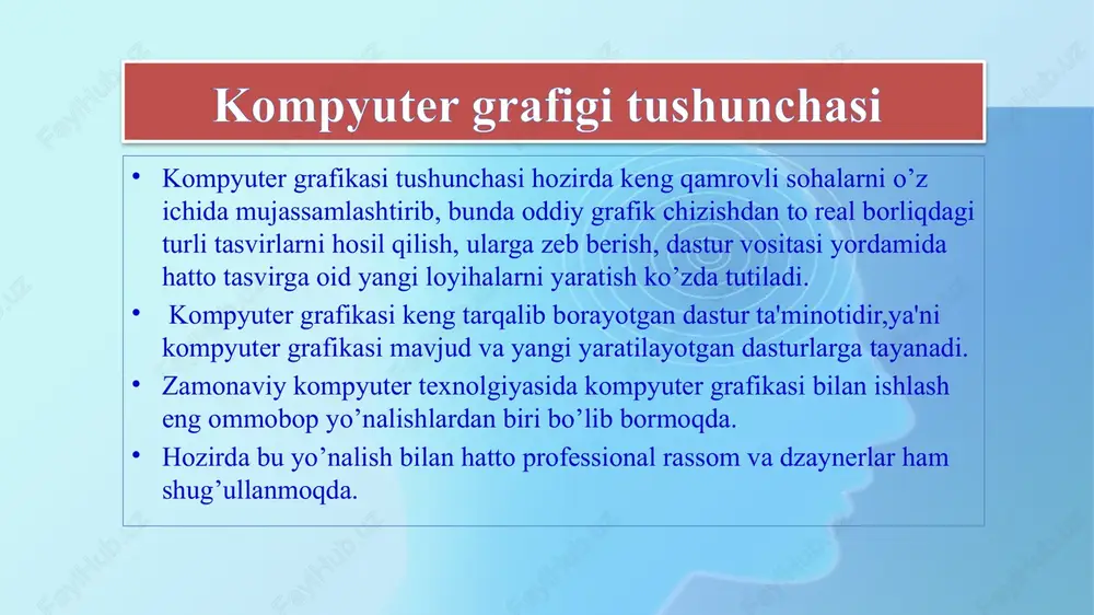 tasvirlarni tashkil etuvchi nuqtalar majmuasidan vujudga keladi. bu nuqtalar piksellar (pixels) deb ataladi. rastr - bu ekranning butun maydonini qoplovchi piksellar matritsasidir. demak, rastrli grafikaning asosiy elementi nuqtadan iborat. nuqtali rasm koordinatalar va rangga ega bo’lgan nuqtalar to’plamidan iborat. grafik muharrir bu rasmni nuqtalarni ketma-ket chizgan holda tasvirlaydi. oddiy holda nuqtali tasvirdan iborat bo’lgan fayl - rasmni birin-ketin hosil qiluvchi nuqtalar ketma-ketligi va ularning ranglarini o’z ichiga oladi. minglab yillardan beri yaratib kelinayotgan rangtasvir asarlarini nuqtali grafikaning ilk ko’rinishi deyish mumkin. atrofimizdagi olamda biz faqiat nuqtali tasvirlarni ko’ra olamiz. fotosurat, rasm, izlar, tasvirlar ko’zimizda nuqtali xarakterda aks etadi. vektorli grafikaning asosiy elementi - chiziqdir. vektorli tasvirlar deb - tuzilishi jihatidan murakkabroq va har xil ko’rinishga ega bo’lgan geometrik ob'ektlar to’plamiga aytiladi. bunday ob'ektlarga misol tariqasida to’g’ri to’rtburchaklar, aylanalar, ellipslar, ko’p burchaklar, kesmalar va chiziqlarni keltirish mumkin. vektorli grafikanining xarakterli xususiyatlaridan biri undagi har bir ob'ekt uchun ularning tashqi ko’rinishlarini o‘zgartirish …