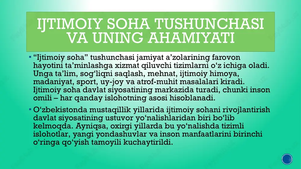 har bir oila bilan individual ishlash tizimi yo‘lga qo‘yildi. yoshlar va ayollarni qo‘llab-quvvatlashdagi o‘zgarishlar yoshlar o‘zbekistonning kelajagi sifatida davlat siyosatining markazida turadi. “yoshlar ittifoqi”, “yoshlar – kelajagimiz” jamg‘armasi, “yoshlar daftari” orqali ta’lim, ish bilan ta’minlash, uy-joy olish kabi masalalarda ularni qo‘llab-quvvatlash kuchaytirilmoqda. ayollarni ijtimoiy hayotda faol ishtirok etishini ta’minlash, ularni tadbirkorlikka jalb etish, oilaviy zo‘ravonlikdan himoya qilish maqsadida “ayollar daftari” tizimi joriy qilindi. ijtimoiy sohadagi o‘zgarishlarning natijalari va istiqbollari so‘nggi yillarda o‘zbekistonda aholi turmush darajasi sezilarli darajada yaxshilandi. yangi maktablar, shifoxonalar, bolalar bog‘chalari qurildi, pensiya va nafaqa miqdori oshirildi, kambag‘allik darajasi kamaymoqda. kelgusida ijtimoiy siyosatning asosiy yo‘nalishlari sifatida: “raqamli ijtimoiy xizmatlar” tizimini joriy etish; tibbiy sug‘urta tizimini to‘liq yo‘lga qo‘yish; ta’limda xalqaro standartlarga mos dasturlarni kengaytirish; nogironligi bo‘lgan shaxslarni ijtimoiy integratsiyaga jalb etish; qishloq joylarda infratuzilmani rivojlantirish kabi masalalar belgilangan. xulosa xulosa qilib aytganda, o‘zbekistonda ijtimoiy sohada amalga oshirilayotgan islohotlar — bu inson manfaatlarini ustuvor qilgan yangi davr siyosatining amaliy …