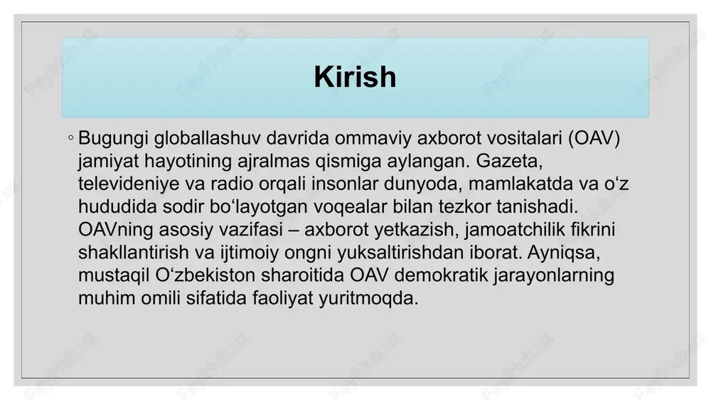 iversiteti jurnalistika fakultetida, o’zbekiston jurnalistika va ommaviy kommunikatsiya universitetida, o’zbekiston davlat jahontillari universiteti xalqaro jurnalistika fakultetida, qoraqalpog’iston davlat universiteti jurnalistika bo’limida ―axborot xizmatlari‖ fani o’qitilmoqda. mazkur oliy ta‘lim muassasalariga 2019-2020 o’quv yilidan e‘tiboran axborot xizmatlari yo’nalishida ham abituriyentlar qabul qilina boshlagani, shu sohada kadrlar tayyorlashga ixtisoslashtirilgan fakultetlar tashkil etilayotgani muhim voqelikdir. 20.10.2025 o’zbekiston respublikasi prezidentining 2019 yil 2 fevral kuni qabul qilingan ―axborot sohasi va ommaviy kommunikatsiyalarni yanada rivojlantirishga oid qo’shimcha chora-tadbirlar to’g’risida‖gi farmonida ―davlat organlari, xo’jalik boshqaruvi organlari, davlat korxonalari va tashkilotlari matbuot xizmatlarining jamoatchilik va ommaviy axborot vositalari bilan o’zaro hamkorligi yetarli darajada yo’lga qo’yilmagan‖i qayd etilib, o’zbekiston respublikasi prezidenti administratsiyasi huzuridagi axborot va ommaviy kommunikatsiyalar agentligi zimmasiga davlat organlari va boshqa tashkilotlarga ular faoliyatining ochiqligini ta‘minlashda, davlat xizmatchilariga ommaviy axborot vositalari bilan ochiq, ommaviy o’zaro hamkorlik qilish madaniyatini singdirishda, shu jumladan, ularning axborot xizmatlari (jamoatchilik bilan ishlash bo’yicha bo’linmalari) faoliyatini muvofiqlashtirish va uslubiy jihatdan ta‘minlash orqali ko’maklashish …