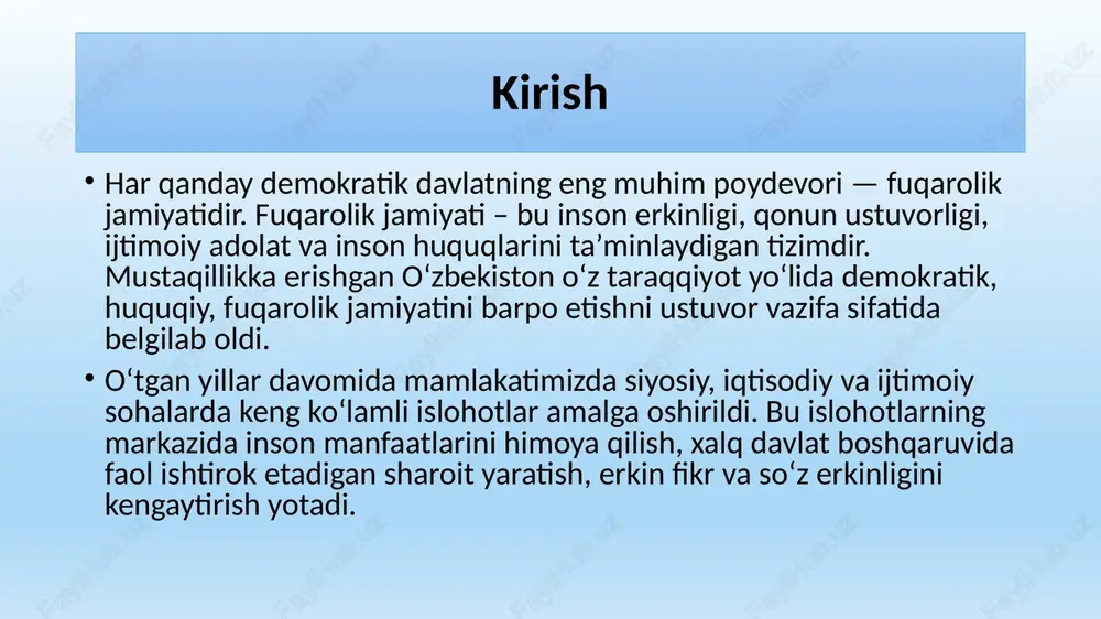 q irodasini ifoda etadi va unga xizmat qiladi” deb belgilangan. ikkinchi bosqich (2001–2016 yillar) – bu davrda demokratik institutlar, siyosiy partiyalar, nodavlat notijorat tashkilotlar faoliyati kengaydi. oliy majlis ikki palatali parlament tizimiga o‘tkazildi (2005-yil), saylov tizimi takomillashtirildi, oav erkinligiga doir qonunlar qabul qilindi. “fuqarolik jamiyatini rivojlantirish konsepsiyasi” amalda qo‘llanila boshlandi. uchinchi bosqich (2016 yildan hozirgacha) – yangi oʻzbekiston davrida fuqarolik jamiyati konseptual darajada yangi bosqichga ko‘tarildi. prezident shavkat mirziyoyev tashabbusi bilan “xalq davlat idoralariga emas, balki davlat xalqga xizmat qilishi kerak” tamoyili hayotga tatbiq etildi. “yangi oʻzbekiston” g‘oyasi, “inson qadri uchun” tamoyili asosida davlat boshqaruvi tubdan isloh qilindi. demokratik islohotlar va ularning mazmun-mohiyati oʻzbekistonda amalga oshirilgan siyosiy islohotlarning markazida inson manfaatlari, adolat, ochiqlik va ishtirokchilik tamoyillari turadi. quyidagi yo‘nalishlarda muhim o‘zgarishlar amalga oshirildi: saylov tizimi takomillashtirildi. “saylov kodeksi” qabul qilinib, barcha saylov jarayonlari bir xil qonun asosida tartibga solindi. xalq vakillari ochiq, oshkora va adolatli saylovlar orqali saylanadigan tizim mustahkamlandi. …