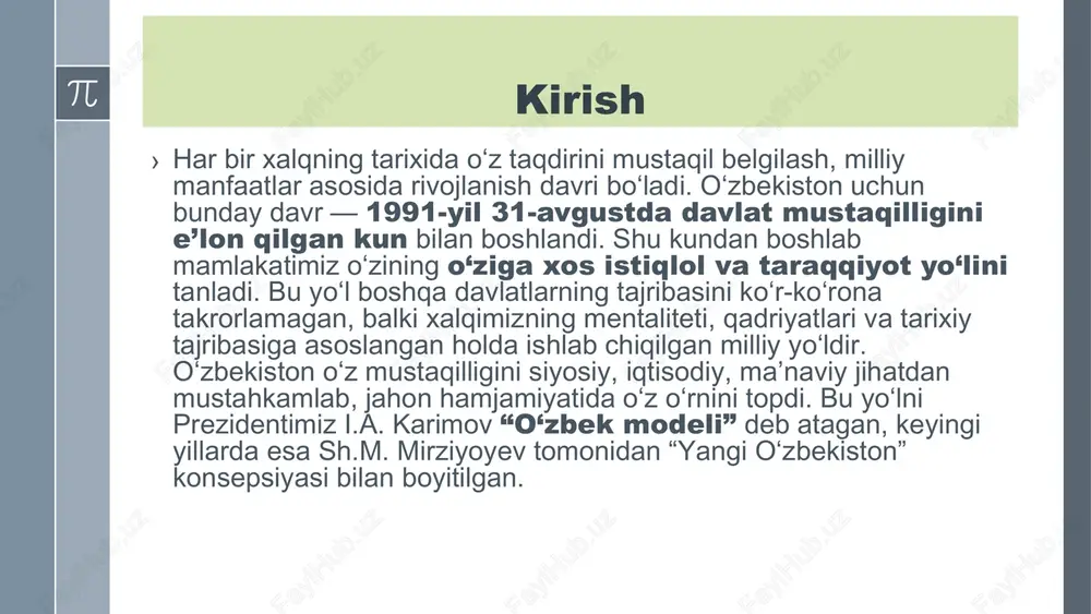 lliy dasturi» qabul qilindi. ta'limni isloh qilish qo'yidagi tamoyillar asosida olib boriladi: ta'lim tarbiyaning insonparvarligi va demokratiyaviyligi; ta'lim tizimining uzluksizligi, izchilligi, ilmiyligi, dunyoviyligi ; ta'limda umuminsoniy, milliy -madaniy, ma'naviy qadriyatlarning ustivorligi; e'tiqodi, dinidan qat'iy nazar ta'lim olish imkoniyatlarining kengligi; ta'lim muassasalarining siyosiy partiyalar va harakatlar ta'siridan holiligi. o'zbekiston respublikasi mustaqillikka erishganidan so'ng qanchadan-qancha islohotlar yo'lidan, rivojlanish bosqichlaridan o'tdi. ustuvor vazifalar belgilandi va amalga oshirildi. dunyo hamjamiyatining yurtimizga bo'lgan munosabati keskin o'zgardi. xorijiy davlatlar bilan tashqi iqtisodiy va siyosiy aloqalarimiz mustahkamlandi. mustaqillikni qo'lga kiritganimizga 30 yil to'lgan bo'lsada, shu yillar ichida amalga oshirilgan islohotlar, ishlar ko'lami beqiyosdir. kelajakka katta umid va ishonch bilan qarab, hamisha sabr-matonat bilan yashagan o'zbek xalqi ham 1991 yil 31 avgustda muqaddas orzusiga erishdi - jonajon vatanimiz o'z davlat mustaqilligini qo'lga kiritdi. hech shubhasiz, istiqlol yillarida yurtimizda yangi davlat va jamiyat qurish yo'lida tarixiy ishlar amalga oshirildi, mard va oliyjanob xalqimizning bukilmas irodasi va ulkan salohiyati bilan …