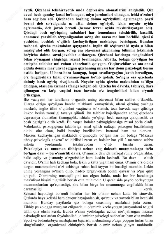 jaraverish ham yaxshi oqibatlarga olib kelmaydi, u qaysar, o‘jar, ota-onani hurmat qilmaydigan bo‘lib o‘sadi. bolani uning yoshiga mos turli o‘yinlar bilan mashg‘ul qilish o‘ta muhim. bolani teatr, tsirk, hayvonot bog‘iga olib borish, uni tabiat qo‘ynida tarbiyalash uning sinxron rivojlanishida juda muhim ahamiyat kasb etadi. bolalar psixogigienasida kattalar, avvalo ota-onaning xulq-atvori o‘ta muhim. doimo janjal bo‘ladigan, ichkilik ichiladigan, kitob mutolaa qilinmaydigan oilada ruhiyati sog‘lom farzand voyaga etishi ancha murakkab. bola ota-onaning yaxshi fazilatlariga ham, yomon qilig‘iga ham taqlid qiladi. hali bolada bosh miya katta yarim sharlari po‘stlog‘i funktsional jihatdan to‘liq shakllanmaganligi sababli ularda yaxshi-yomonni tahlil qilish imkoni past. bolani hayotga o‘rgatib borish, uning tafakkuriga mos hikoyalar, ertaklar aytish, hayotdan misollar keltirib borish unda hayotga qiziqish uyg‘otadi, insonlarga mehr-muhabbatli bo‘lishga undaydi. agar ota-ona bolada fan, san’at yoki hunarning qaysidir bir turiga qobiliyatini sezib qolsa, unga har tomonlama yordam berib, barcha sharoitni yaratib berishi zarur. lekin bolani ilmli qilaman deb, unga keragidan ortiqcha …