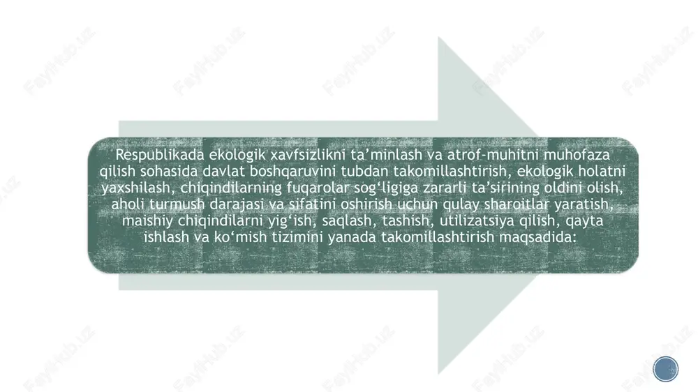gan. unga ko’ra , yer, yer osti boyliklari, suv, o’simlik va hayvonot dunyosi hamda boshqa tabiiy zaxiralar umummilliy boylikdir, ulardan oqilona foydalanish zarur va ular davlat muhofazasidadir. ushbu konstitutsiyaviy norma davlat ekologik faoliyatining quyidagi asosiy prinsiplarini ifodalaydi: birinchidan, respublika tabiiy resurslari umummilliy boylik hisoblanadi, ya’ni yuridik ma’noda ular xalq mulkini tashkil etadi hamda ular nomidan davlat hokimiyati va boshqaruvi organlari qonunda belgilangan vakolatlari doirasida ish yuritadi; ikkinchidan, tabbiy resurslardan oqilona foydalanish zarur. ekologiya huquqida oqilona deganda, tabiiy resurslardan ekologik normativ va standartlarga qat’iy rioya etgan holda foydalanish tushiniladi; uchinchidan, tabiat ob’ektlari va resurslari davlat tomonidan qoriqlanadi. bu davlat tabiiy resurslardan oqilona foydalanish va muhofaza qilishni ta’minlashini hamda jismoniy va yuridik shaxslarningekologik huquq va manfaatlariga, shuningdek ekologik huquq-tartibotga rioya etilishini kafolatlashini anglatadi. an’anaga muvofiq, o’zbekiston respublikasi ekologiya va atrof-muhitni muhofaza qilish davlat qo’mitasi bmt taraqqiyot dasturining o’zbekistondagi vakolatxonasi bilan hamkorlikda mazkur ekologik sanaga bag’ishlab “ekologik haftalik” tadbiri tashkil qilinadi. haftalik dastur …