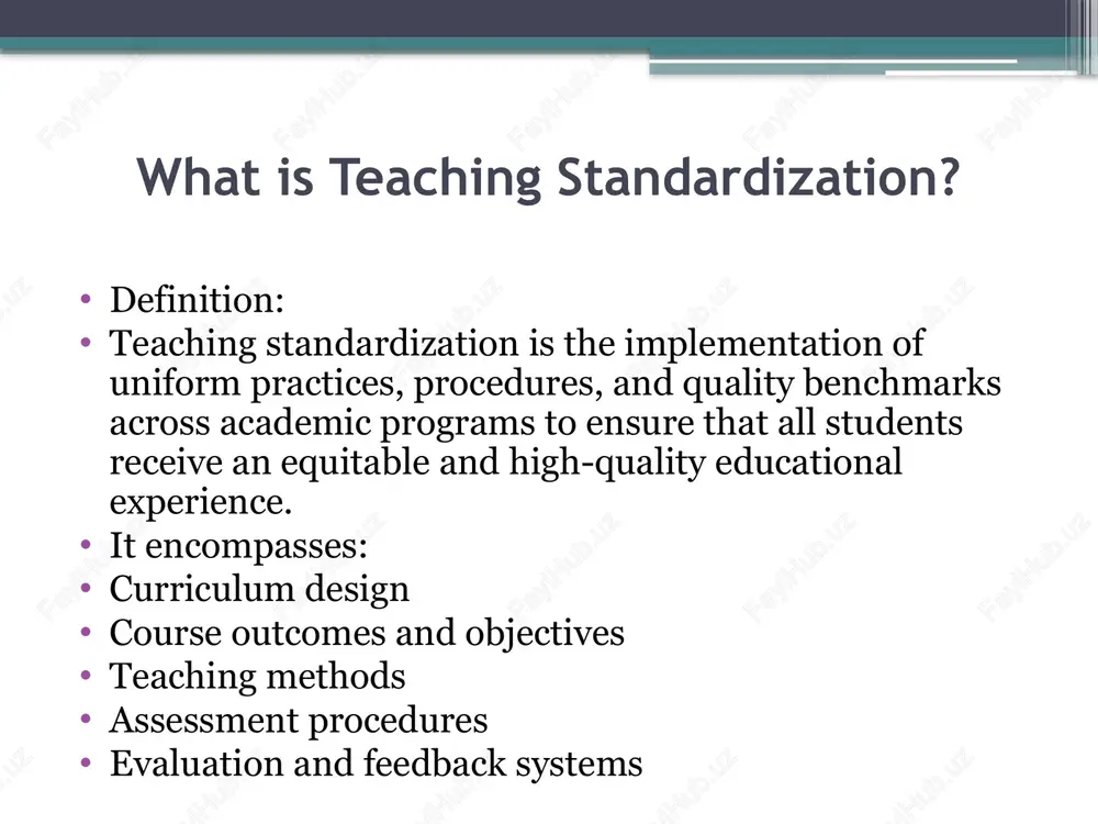 nd assessment methods f) use of learning management systems (lms) lms tools help standardize content delivery, assessments, and student engagement tracking benefits of teaching standardization benefitsdescription✅ improved qualityensures courses meet high academic standards✅ transparencyclear expectations for students and faculty✅ accountabilityfaculty and departments held to consistent performance measures✅ mobilityeasier credit transfer and recognition between institutions✅ scalabilityenables institutions to manage large student populations effectively✅ student satisfactionstudents benefit from fairness, clarity, and quality learning experiences challenges in teaching standardization challengesmitigation strategies⚠️ faculty resistanceengage faculty in policy development and explain benefits⚠️ loss of academic freedomallow flexibility within a standardized framework⚠️ one-size-fits-all risktailor standards to different disciplines when necessary⚠️ administrative burdenuse digital tools and lms platforms to automate processes⚠️ rigid structuresencourage innovation within quality parameters case studies: global perspectives a) united states the accreditation board for engineering and technology (abet) provides specific teaching outcome criteria that universities must adhere to. many universities use rubrics and …