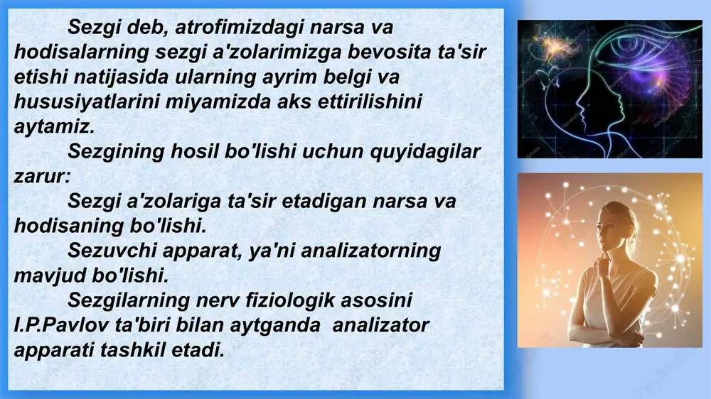 lish sezgilari; teri sezgilari; mustaqil harakat(kinestetik); statistic sezgilari; organik sezgilari; aim.uz ranglar quyidagi turlarga ajratiladi: hromatik ranglar psihofiziologik qonunga ko'ra yorug`lik nurlari uchburchak shisha prizma orqali o'tib singanda hosil bo'ladigan rangga aytiladi va ularga kamalak ranglar, ya'ni qizil, zarg`aldoq, sariq, yashil, havo rang, ko'k, binafsha tuslarini qamrab oladi. ahromatik ranglar odatda oq rang, qora rang, kulrang va ularning turlicha ko'rinishlariga aytiladi. kolbachalar yordami bilan hromatik, ya'ni kunduzgi ranglar ko'riladi. tayoqchalar yorug`likni yahshi sezuvchan bo'lib, hira va qorong`u paytlarda o'z funksiyasini bajaradi, ahromatik ranglarni aks ettiradi. teri sezgilari tarkibi tuyish va harorat turlaridan iborat bo'lib, ularning bunday nomlanishining bosh omili bu retseptorlarning tarkibi va organizmning tashqi shilliq pardalarida joylashganligidadir. tuyish sezgilari ikki xil axborotni qabul qilish imkoniyatiga ega: birinchisi tegish va tarqalishini tuyish sezgilari; ikkinchisi esa silliq yoki g`adir – budurni tuyish bilan tavsiflanadi.. xulosa sezgilar insonning ruhiy hayotida asosiy o‘rinni egallaydi. ular orqali biz olamni bilamiz, yangi tajribalar hosil qilamiz. …