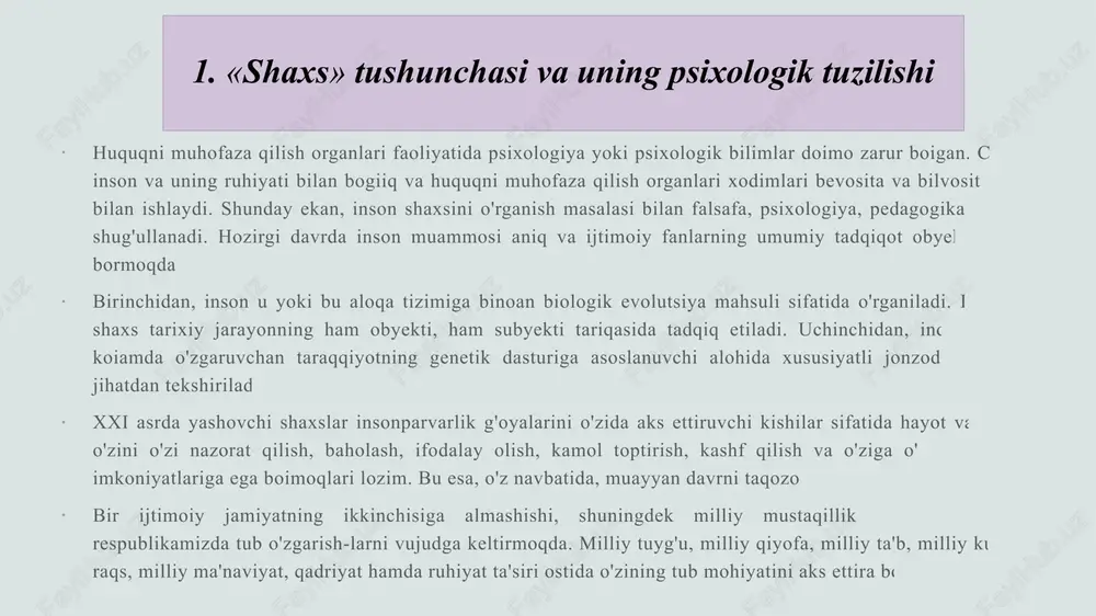 lishi bir-biriga tobora mosligi tan olinadi. shunday qilib, inson shaxsining tuzilishi individuallikning tuzili­shiga qaraganda keng ekanligi shubhasiz. shu boisdan bunga, birinchi navbatda, uning individualligini ko'rsatadigan va faqat ehtirosda, ich-ki qiyofada, qobiliyatlarda va boshqalarda ancha keng ifodalanadigan fazilatlari va umumiy tuzilishigina emas, balki shaxsning rivojlanish darajasi har xil bo'lgan guruhlarda, guruh uchun yetakchi hisoblangan faoliyat orqali ifodalanadigan individlararo munosabatlarda o'zini namoyon etishini ham qo'shish shart. individuallik tarzida shaxsni tadqiq etish natijasida olingan ma'lumotlar individlararo munosabatiar subyekti sifatida shaxsning ta'rifiga bevosita ko'chirilishi mwmkin emas: individual-tipik xususiyat shaxs yashayotgan va shafcllanayot-gan birlikning rivojlanishiga va individlararo munosabatlarning bilvo-sita ifodasi hisoblangan faoliyatning xususiyati, qadriyatlari va maq-sadlariga bog'liq tarzda, jiddiy ravishda turli xil ko'rinishda namoyon bo'ladi. inson shaxsi tuzilishida biologik (tabiat) va ijtimoiy omillarning o'zaro nisbati masalasi hozirgi zamon psixoiogiyasidagi eng murak-kab va munozarali masalalardan biridir.g'arb psixologiyasining ayrim maktablarida shaxsda ikki omil -biologik hamda ijtimoiy omillar ta'wri ostida shakllangan ikkita asosiy kichik tuzilma borligini alohida ta'kidlaydigan …