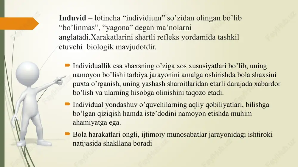 idadir.shuning uchun ham inson faoliyati uning rivojlanishi natijasi hamdir. demak, shaxs faolligi asosida ijtimoiy faollik, tashabbuskorlik, ijodkorlik xislatlarini shakllantirish – uning shaxslik imkoniyatlarini namoyon etishi orqali faoliyatini rivojlantirish muhim sanaladi ma’lum bir yosh davriga xos bo’lgan anatomik, fiziologik, psixologik xususiyatlar yosh xususiyatlari deyiladi odam ijtimoiy mavjudot sifatida shaxsga aylanishi uchun ijtimoiy muhit sharoitlari va tarbiya kerak bo’ladi. ana shular ta’sirida odam inson sifatida rivojlanib boradi va shxsga aylanadi. bular shaxsning o’ziga xos xususiyatlari bo’lib ana shu ruhiy xususiyatlar rivojlanib borib ma’lum bir bosqichga yetsagina u mukammal inson sifatida shakllanadi. shaxsning ijtimoiy voqealikka, mehnatga, jamiyatga bo’lgan munosabati turlicha namoyon bo’ladi. pedagogika, tibbiyot, bolalar anatomiyasi,fiziologiyasi, psixalogiya fanlari yutuqlari va shu fanlarning tavsiyasiga ko’ra bolalarning yosh davrini quydagicha guruhlash qabul qilingan. 0-3 4-11 maktabgacha tarbiya yoshi 12-18 o’rta maktab yoshidagi o’smirlar go’daklik davri bog’chagacha bo’lgan yosh davri maktab yoshidagi kichik guruhlar o’spirinlik davri hozirgi davr o’smirlarining ruhiyatida quyidagi holatlar ko’zga tashlanadi intellektual rivojlanish …