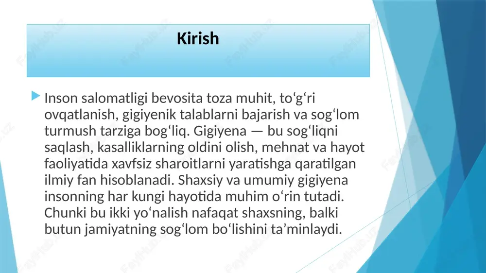 rsatadi. toza, ozoda inson har doim faol, tetik va ijtimoiy muhitda obro‘ga ega bo‘ladi. gigiyenaga rioya etish madaniyatini shakllantirish yo‘llari gigiyenik madaniyatni shakllantirish uchun avvalo ta’lim-tarbiya jarayonida tozalikka oid tushunchalar keng targ‘ib etilishi kerak. bolalarga gigiyena qoidalari o‘yinlar, suhbatlar, misollar orqali o‘rgatilsa, bu ularning kundalik odatiga aylanadi. ommaviy axborot vositalarida, ijtimoiy tarmoqlarda sog‘lom turmush, gigiyenik tozalikka oid ko‘rsatuvlar va maqolalar sonini ko‘paytirish ham bu jarayonni tezlashtiradi. davlat siyosati darajasida esa sanitariya va ekologik xavfsizlik me’yorlariga rioya etish, suv va oziq-ovqat sifatini muntazam nazorat qilish, chiqindilarni qayta ishlash tizimini takomillashtirish zarur. chunki gigiyena – bu nafaqat shaxsiy, balki ijtimoiy burchdir. xulosa shaxsiy va umumiy gigiyena inson hayotining asosiy poydevoridir. gigiyenik talab va qoidalarga amal qilish orqali biz sog‘lom avlodni tarbiyalaymiz, kasalliklarning oldini olamiz va jamiyat farovonligini ta’minlaymiz. tozalik, saranjomlik va gigiyenik madaniyat – bu nafaqat tashqi ko‘rinish, balki insonning ichki madaniyati va axloqiy saviyasining ko‘rsatkichi hamdir. shu bois har bir fuqaro …