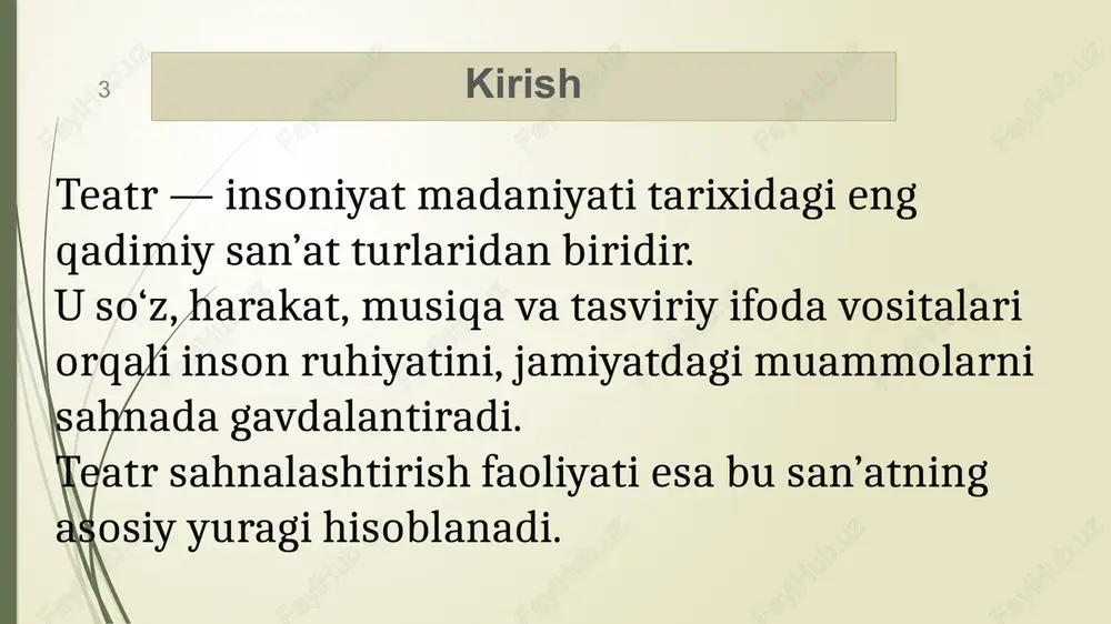yechimlari. teatr ta’lim jarayonida ham muhim o‘rin egallaydi. u yoshlarning nutq madaniyati, sahna madaniyati, jamoada ishlash qobiliyatini oshiradi. ko‘plab oliy o‘quv yurtlarida teatr texnikasi va sahnalashtirish fanlari o‘qitiladi. 14 teatr jamiyatning ma’naviy barometri hisoblanadi. u ijtimoiy hayotdagi o‘zgarishlarni o‘zida aks ettiradi, xalq qalbining ovoziga aylanadi. har bir millat teatrida o‘z tarixini, madaniyatini, ruhini ko‘radi. shu sababli teatr – madaniy mustaqillik ramzidir. 15 teatr – insoniyat tafakkuri, his-tuyg‘ulari va orzularining sahnadagi in’ikosidir. u har bir davrda o‘ziga xos g‘oyalar, shakllar va uslublarda rivojlanib kelmoqda. sahnalashtirish faoliyati teatr san’atining yuragi bo‘lib, rejissyor, aktyor, rassom, musiqachi kabi ijodkorlarning hamjihat mehnati orqali tomoshabinga chuqur ta’sir etuvchi asarlar yaratiladi. teatrning har bir shakli — bu jamiyat bilan muloqot vositasi, san’at orqali insonni anglash yo‘lidir. 16 image1.jpeg image2.jpeg image3.jpeg image4.jpeg image5.jpeg image6.jpeg image7.jpeg image8.jpeg