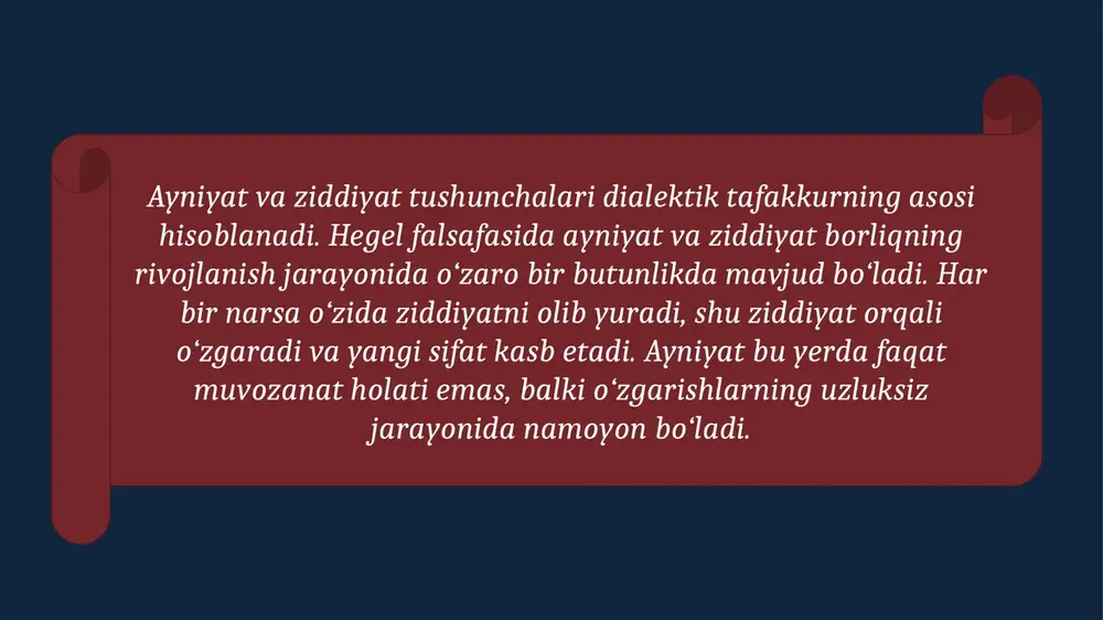 riyasi, sinergetika, postmodernizm kabi yondashuvlarda ham o‘rganiladi. bu yondashuvlarda o‘zgarish va barqarorlik bir butun jarayon sifatida qaraladi. ayniyat va ziddiyat dialektikasi voqelikning harakatini, rivojlanish qonuniyatini ifodalaydi. har bir mavjud narsa va hodisa o‘z ichki ziddiyatlari orqali o‘zgaradi. bu jarayon doimiy harakatni, yangilanishni va rivojlanishni ta’minlaydi. image1.jpeg image2.jpeg image3.jpeg image4.jpeg image5.jpeg image6.jpeg image7.jpeg image8.jpeg image9.jpeg image10.jpg