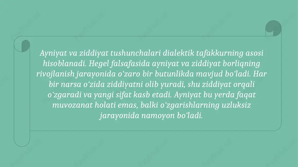 aniladi. bu yondashuvlarda o‘zgarish va barqarorlik bir butun jarayon sifatida qaraladi. ayniyat va ziddiyat dialektikasi voqelikning harakatini, rivojlanish qonuniyatini ifodalaydi. har bir mavjud narsa va hodisa o‘z ichki ziddiyatlari orqali o‘zgaradi. bu jarayon doimiy harakatni, yangilanishni va rivojlanishni ta’minlaydi. foydalanilgan adabiyotlar 1. gegel g.v.f. falsafiya fanlari tizimi. — moskva: nauka, 1974. 2. engels f. tabiat dialektikasi. — toshkent: fan, 1982. 3. otaboyev o. dialektik tafakkur asoslari. — toshkent: tdpu, 2017. 4. karimov a. falsafa asoslari. — toshkent: universitet, 2018. 5. xo‘jayev m. zamonaviy falsafiy yo‘nalishlar. — toshkent: akademiya, 2020. image3.jpeg image4.jpeg image5.jpeg image6.jpg image7.png image8.jpeg image9.jpg image10.jpeg image11.jpg