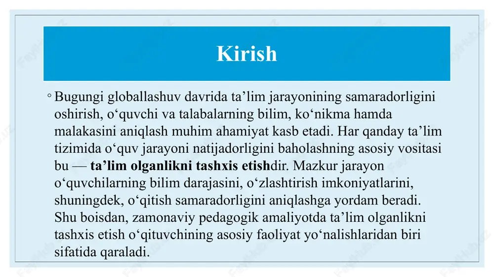 ron nazorat tizimlari. ta’lim olganlikni baholash mezonlari baholash mezonlari o‘quvchining bilimini aniqlashda muhim o‘lchov hisoblanadi. u quyidagi ko‘rsatkichlarga asoslanadi: bilimlilik – o‘quvchi nazariy bilimlarni qay darajada biladi; amaliy ko‘nikma – o‘quvchi olgan bilimlarini amaliyotda qo‘llay oladimi; ijodkorlik – mustaqil fikrlash, tahlil qilish, yangi g‘oyalar ilgari surish qobiliyati; faollik va motivatsiya – o‘qishga bo‘lgan qiziqish darajasi; natijaviylik – o‘quvchi belgilangan maqsadga erisha oldimi. baholashning ob’yektiv bo‘lishi uchun mezonlar aniq, o‘lchovli va adolatli bo‘lishi zarur. tashxis natijalaridan ta’lim jarayonida foydalanish tashxis etish natijalari o‘qituvchiga o‘quvchilarning individual rivojlanish darajasini tahlil qilish, o‘quv dasturiga tuzatish kiritish, o‘qitish metodikasini yangilash imkonini beradi. natijalar asosida o‘quvchilarga maslahat berish, ularning o‘zlashtirishidagi kamchiliklarni bartaraf etish, shuningdek, o‘zlashtiruv darajasi past o‘quvchilar bilan individual ish olib borish mumkin. tashxis natijalariga ko‘ra o‘quvchi yutuqlari monitoringi yuritilib, ularning rivojlanish dinamikasi doimiy nazorat ostida bo‘ladi. tashxis natijalariga ko‘ra o‘quvchi yutuqlari monitoringi yuritilib, ularning rivojlanish dinamikasi doimiy nazorat ostida bo‘ladi. gumanistik paradigma goyalari 1991 …