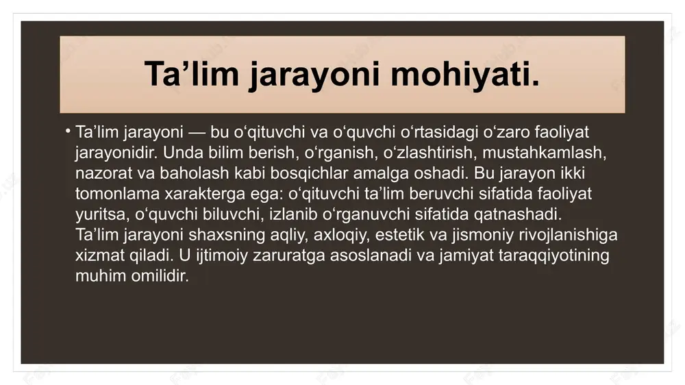 iyat taraqqiyotiga mos holda muntazam rivojlanishda bo’lib, takomillashtirilib boriladi. bunda tashkil etuvchilar quyidagilardir: maqsad; mazmun; shakl, usul; uslub; o’qituvchi shaxsi; tinglovchilardagi dastlabki bilim; o’qitishning moddiy-texnik bazasi va shu kabilar. bu ta’lim jarayonlarini bir butunlikda, ya’ni yagona yaxlit dinamik tizim sifatida qarash lozimligini taqozo etadi va bunday qarash ta’lim jarayonini boshqarish va boshqarishning optimal variantini topishga ham imkoniyat yaratadi. ta’lim-borliqni bilishning o’ziga xos shakli sifatida. ta’lim- inson bilish faoliyatining eng murakkab turlaridan biri bo’lib, individual psixik rivojlanishni va bilimlarni o’zlashtirishni anchatezlashtiradi. o’qituvchi ta’lim jarayonida faqat bilim berish bilan chegaralanmaydi, bu jarayonda u ta’lim oluvchiga ta’sir ko’rsatadi, bu esa bilim olishlarini yanada faollashtiradi, natijada ta’lim oluvchi ta’lim jarayonining faol ishtirokchisiga aylanadi. ta’lim jarayonida ta’lim oluvchilar ongiga singdirilayotgan nazariy bilimlar amaliy faoliyat yordamida yanada mustahkamlanadi. inson tevarak-atrofdagi voqeelik, narsa va hodisalarning mohiyatini amaliy hayotda ularga to’qnash kelish yo’li bilan bilib oladi, ularni o’zlashtiradi. inson amaliy faoliyat tufayligina ijtimoiy ishlab chiqarish faoliyati jarayonini tashkil …