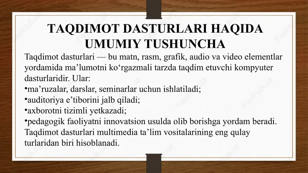 dasturining uchta shakli mavjud:  prezi public  prezi enjoy  prezi pro. prezi public barcha foydalanuvchilar uchun bepul bo’lsa, prezi pro va prezi enjoy esa ma’lum bir to’lovlarni talab qiladi. prezi dasturi prezi – onlayn chiroyli taqdimotlar yaratishga moljallangan ilovalar. bunda chiziqli bo`lmagan taqdimotlar tayyorlanadi, xohlagan bir fragmentni kattalashtirish va kichiklashtirish mumkin. prezi dasturi zui labs kompaniyasi tomonidan ishlab chiqilgan, 2008 yil 15 dekabrda servis ishga tushirilgan. prezi.com saytida ro`yxatdan o`tish oddiy bo`lib, avvalo dastur versiyasi tanlanadi ro`yxat shakli to`ldiriladi. shaklni to’ldirishda elektron manzilni kiritish talab etiladi. yangi taqdimotni yaratish uchun new prezi tanlanadi. shundan so’ng bir necha shablonlardan iborat yangi oyna paydo bo’ladi. toza varaqda ish boshlash uchun start blank prezi varianti tanlanadi. libreoffice bu microsoft office uchun eng yaxshi bepul alternativa sifatida tanilgan bepul va ochiq manbali ishchi dasturlarning to'plami. shunday qilib, u taqdimotlar yaratish uchun juda qimmatli dasturni taklif qiladi, ta'sir qil, bu mashhur powerpoint o'rniga …