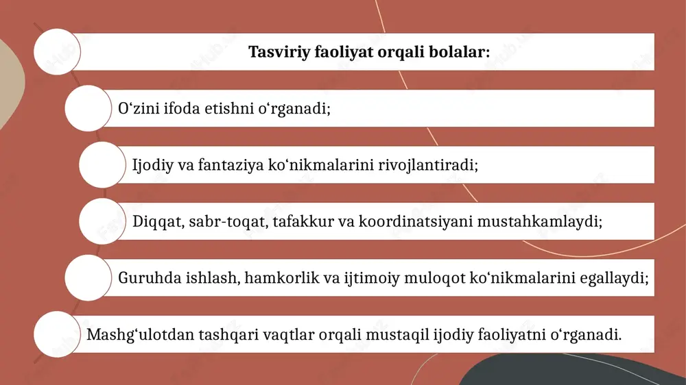 kuzatib, kerak bo‘lsa yo‘naltiradi, lekin faoliyatni cheklamaydi. bu jarayon bolaning o‘ziga bo‘lgan ishonchi va ijodiy intellektini oshiradi. pedagog, ota-ona va jamiyatning roli ota-ona: bolaga materiallarni taqdim etadi, ijodiy jarayonni kuzatadi va rag‘batlantiradi. pedagog: yoshga mos mashg‘ulotlarni rejalashtiradi, texnik va estetik bilimlarni o‘rgatadi, ijodiy jarayonni nazorat qiladi. jamiyat: bolalar ijodini qo‘llab-quvvatlaydigan ko‘rgazma, konkurs va studiyalar tashkil etadi. bu bolalarning jamiyat bilan ijtimoiy aloqasini mustahkamlaydi va ijodiy qobiliyatlarini oshiradi. tasviriy faoliyat bolalarda ijodiy fikrlash, estetik did, motorika va ijtimoiy ko‘nikmalarni rivojlantiradi. turli yoshdagi bolalar bilan ishlashda ularning rivojlanish xususiyatlarini hisobga olish muhimdir. mashg‘ulotdan tashqari vaqtlar bolalarning mustaqil ijodiy faoliyatini rag‘batlantiradi. ota-ona, pedagog va jamiyatning birgalikdagi yondashuvi bolalarning tasviriy faoliyatini samarali rivojlantirishga yordam beradi. shu bilan birga, bolalar ijodini qo‘llab-quvvatlash, rag‘batlantirish va baholash orqali ular o‘zini ifoda qilish ko‘nikmalarini oshiradi va shaxsiy o‘sishga hissa qo‘shadi. har bir bola o‘ziga xos qobiliyat va qiziqishga ega. shu sababli tasviriy faoliyatni tashkil qilishda pedagoglar individual yondashuvni …