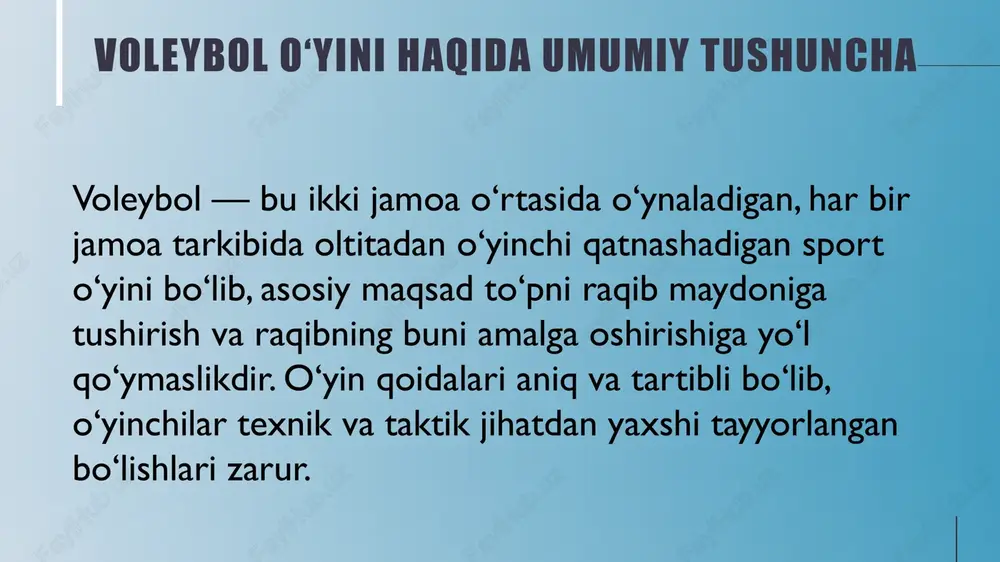 rli ta'sir ko'rsatadi. shuning uchun ham samarali turish holati shunday bo'lishi kerakki, bunda uom tezda tayanch chegarasidan chiqarilib, zarur harakatlanish va faoliyat ko'rsatish imkoniyatini bera olsin. turish holatlari navbatdagi harakatlarning qo'llanilish xususiyatiga qarab statik (o'yinchining harakatsiz) yoki dinamik (asosiy tayanchni bir oyoqdan ikkinchisiga o'tkazish bilan to'pni qabul qilish, hujum zarbasini berish yoki to'siq qo'yishni kutishda) holatlarda bo'ladi. bu turish holatlarida qo'llar bel barobarida, barmoqlar kaftlarga qaragan, gavda esa bir oz oldinga egilgan bo'ladi. gavda erkin holatda bo'lishi kerak. 10 o'yinchi ma'lum bir texnik usulni bajarish uchun maydon bo'ylab harakatlanadi. bunday usul va o'yinning vaziyatiga bog'liq holda, qadam tashlab (oldinga, orqaga, yon tomonga), sapchib, sakrab, yugurib, yiqilib turli harakatlarni amalga oshiradi. qadam tashlash va yugurish bilan qilinadigan harakatlar birmuncha yumshoq (uom tebranishining sustligi sababli) bo'ladi. yon tomonga qadamlashdan ko'p hollarda katta bo'lmagan masofani bosib o'tish bilan to'siq qo'yganda, hujum zarbasini qabul qilganda yoki to'siqdan o'z yo'nalishini o'zgartirib qaytgan to'pni qabul qilishda …