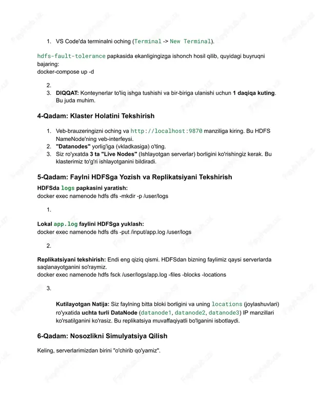 i yangilang: http://localhost:9870 sahifasini yangilang va "datanodes" yorlig'iga o'ting. endi siz 2 ta "live nodes" va 1 ta "dead nodes" (o'chgan server) ko'rishingiz kerak. tizim nosozlikni aniqladi! faylni o'qishga harakat qiling: eng muhim sinov. o'chgan serverda saqlangan bo'lishiga qaramay, faylni o'qiy olamizmi?​ docker exec namenode hdfs dfs -cat /user/logs/app.log ​ ​ kutilayotgan natija: faylning mazmuni terminalda xatosiz chiqadi!​ info: dastur ishga tushdi - 2025-10-14 14:11:00 warn: xotira hajmi kam qolmoqda - 2025-10-14 14:15:23 ... 2.​ ​ ​ bu hdfsning nosozlikka bardoshliligini amalda isbotlaydi. namenode datanode2 o'chganini biladi va so'rovni fayl nusxasi saqlangan boshqa sog'lom serverga (datanode1 yoki datanode3) avtomatik tarzda yo'naltiradi. 8-qadam (bonus): tizimni tiklash "ta'mirlangan" serverni qayta ishga tushiramiz. docker start datanode2 bir necha daqiqadan so'ng http://localhost:9870 veb-interfeysini yangilasangiz, yana 3 ta "live nodes" paydo bo'lganini ko'rasiz. hdfs o'chgan server qayta ishga tushganini avtomatik aniqlaydi va uni yana klasterga qo'shadi. 7-dars amaliyoti: hdfsning ishonchliligini sinash: replikatsiya va nosozlikka bardoshlilik …