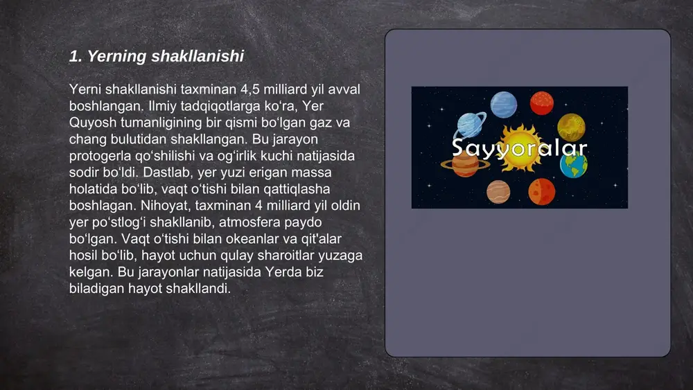 r ko'rsatgan, shuningdek, quruqlik va dengiz hayvonot dunyosida katta o‘zgarishlarga olib kelgan. ... t.me/slaydai_bot 7. dengiz suvi darajasi o'zgarishi dengiz suvi darajasi oxirgi asrlarda sezilarli darajada o'zgarib bormoqda. xix asrning oxiridan boshlab dengiz sathining o'rtacha ko'tarilishi yiliga 1,7 millimetrga teng bo'lgan. xx asrning oxiriga kelib, bu ko'rsatkich yiliga 3,2 millimetrga yetdi. 1993 yildan beri sun'iy yo'ldosh ma'lumotlariga ko'ra, dengiz sathi yiliga taxminan 3,3 millimetr tezlikda ko'tarilmoqda. atmosfera o'simliklaridan issiqxona gazlarining ko'payishi bu jarayonning asosiy sabablaridan biri hisoblanadi. xxi asr davomida dengiz darajasining 26 dan 77 santimetrgacha ko'tarilishi mumkinligi bashorat qilinmoqda. bu ko'tarilish qirg'oqbo'yi hududlariga salbiy ta'sir ko'rsatishi kutilmoqda. ... t.me/slaydai_bot yerning geologik davrlari qadim zamonlardan to hozirgi kungacha bo'lgan geologik jarayonlarni anglatadi. bu davrlar quyidagi asosiy geologik bosqichlarga bo'linadi: arxon davri (4,0-2,5 milliard yil oldin), proteozoy davri (2,5 milliard-541 million yil oldin), paleozoy davri (541-252 million yil oldin), mezozoy davri (252-66 million yil oldin) va kaynozoy davri (66 million yil …