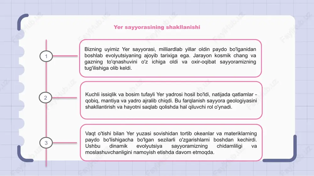 rgi holatini tushunishga yordam beradi. u sayyoramizning dinamik tabiatini va uning kelajagini shakllantirishda davom etayotgan jarayonlarni ta'kidlaydi. insonning yer atrof-muhitiga ta'siri yer sayyorasi milliardlab yillar davomida tabiiy kuchlar ta'sirida shakllangan. biroq, so'nggi paytlarda inson faoliyati o'rmonlarni kesish, ifloslanish va iqlim o'zgarishi orqali atrof-muhitga sezilarli ta'sir ko'rsatdi. tez sanoatlashtirish va aholi sonining o'sishi tabiiy resurslarning kamayishiga, biologik xilma-xillikning yo'qolishiga va ekotizimlarning o'zgarishiga olib keldi. bu inson ta'siri yer atrof-muhitining nozik muvozanatini o'zgartiradi. biz uchun mas'uliyatni tan olish va kelajak avlodlar uchun sayyorani saqlab qolish uchun barqaror amaliyotlarga intilish juda muhimdir. uglerod chiqindilarini kamaytirish, yovvoyi tabiatning yashash joylarini saqlash va atrof-muhit haqida xabardorlikni oshirish orqali biz inson faoliyatining yerga ta'sirini yumshata olamiz. 1 2 3 e'tiboringiz uchun rahmat