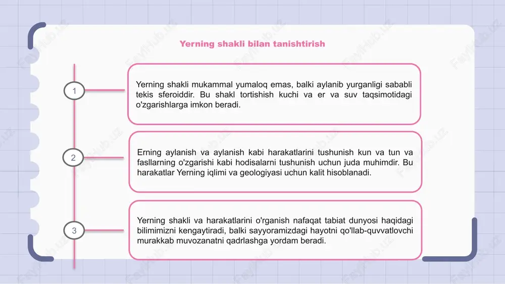 eng issiq haroratga ega. ularga yiliga kamida bir marta quyosh to'g'ridan-to'g'ri to'g'ridan-to'g'ri to'g'ridan-to'g'ri tushadigan saraton va uloq tropiklari kiradi. qutblar va qutb mintaqalari yer aylanma va unga ta’sir etuvchi tortishish kuchlari ta’sirida qutblarda bir oz yassilangan va ekvatorda bo‘rtib ko‘rinib turadigan tekis sferoiddir. shimoliy va janubiy qutblar iqlimning keskin o'zgarishini boshdan kechiradi, qutbli hududlar muzli landshaftlar, noyob ekotizimlar va ma'lum oylarda doimiy kunduz yoki qorong'ulik bilan ajralib turadi. yerning harakati yil davomida qutb mintaqalarida fasllar, iqlim va kunduzning davomiyligiga ta'sir qiluvchi o'z o'qi atrofida aylanish va quyosh atrofida aylanishni o'z ichiga oladi. yerning quyosh atrofida aylanishi yerning shakli tekis sferoid bo'lib, qutblarda biroz tekislangan va ekvatorda bo'rtib ketgan. ushbu noyob shakl uning o'qi bo'ylab aylanishiga imkon beradi. yerning quyosh atrofidagi orbitasi aylana emas, balki ellips shaklida bo‘lib, quyosh fokuslardan birida joylashgan. bu harakat fasllarning o'zgarishiga sabab bo'ladi. yer quyosh atrofida aylanar ekan, u ham o'z o'qi atrofida aylanadi va kechayu …