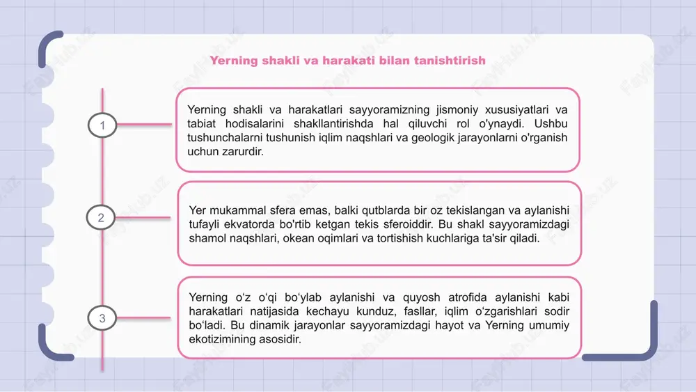akli quyosh nuri va shamolning uning yuzasi bo'ylab tarqalishini o'zgartirish orqali iqlimga ta'sir qiladi, bu esa harorat va ob-havo sharoitlarining o'zgarishiga olib keladi. yer o'qining egilishi fasllarni keltirib chiqaradi, sayyoramizning turli qismlari yilning turli vaqtlarida to'g'ridan-to'g'ri quyosh nurini ko'proq yoki kamroq oladi, bu esa iqlim shakllariga ta'sir qiladi. yerning o'z o'qi atrofida aylanishi va quyosh atrofida aylanishi butun dunyo bo'ylab okean oqimlari, ob-havo tizimlari va iqlim zonalarini yaratishda hal qiluvchi rol o'ynaydi. yer shaklining geologik dalillari yerning shakli mukammal shar emas; eroziya va tog' shakllanishi kabi geologik jarayonlarning dalillari uning tekis sferoid ekanligini ko'rsatadi. tektonik plitalarning harakati yer shakli haqidagi fikrni yanada qo'llab-quvvatlaydi, chunki ular sayyoraning ichki issiqligi tufayli siljiydi va to'qnashadi. geologik dalillar nafaqat yerning shaklini tasdiqlaydi, balki sayyora qanchalik dinamik ekanligini, millionlab yillar davomida doimiy o'zgarishlarni ta'kidlaydi. e'tiboringiz uchun rahmat