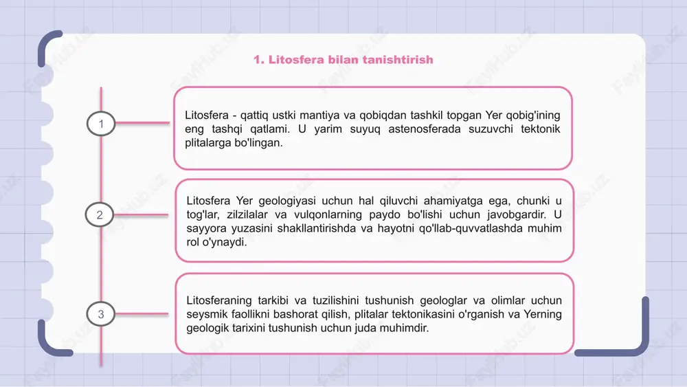 ingdek, erdan foydalanish va atrof-muhitni boshqarish strategiyasini rejalashtirish uchun juda muhimdir. 1 2 3 7. litosferaning vertikal tuzilishi geografik qobiqning vertikal tuzilishi yerning eng tashqi qatlami bo'lgan litosferadan iborat. u qobiq va mantiyaning eng yuqori qismidan iborat. litosfera bir necha qatlamlarga bo'lingan, eng tashqi qatlami qattiq jinslardan tashkil topgan qattiq qobiqdir. yer qobig'i ostida astenosfera deb nomlanuvchi mantiyaning eng yuqori qismi joylashgan. litosfera yerning tektonik jarayonlarida hal qiluvchi rol o'ynaydi, chunki u erda yerning tektonik plitalari joylashgan. bu plitalar bir-biri bilan o'zaro ta'sir qiladi, bu esa zilzilalar, vulqon otilishi va tog' tizmalarining shakllanishiga olib keladi. 8. litosferani o'rganishning geofizik usullari litosfera yer qobig'ining eng tashqi qatlami bo'lib, mantiyaning qattiq tashqi qobig'i va eng yuqori qismidan iborat. litosferaning tuzilishi va xossalarini oʻrganish uchun seysmik koʻzgu, tortishish, magnitlanish kabi geofizik usullardan foydalaniladi. bu usullar olimlarga litosferaning vertikal tuzilishini tushunishga yordam beradi va yerning geologiyasi va tektonik jarayonlari haqida qimmatli tushunchalar beradi. 9. …