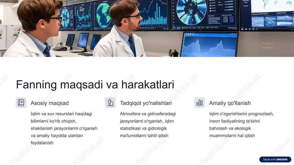 h samaradorlikni oshiradi. ekologik muammolarni hal qilish iqlim o'zgarishi, suv tanqisligi kabi global muammolarni hal qilishda ilmiy asos bo'lib xizmat qiladi. iqlimshunoslik va gidrologiya fanlari tabiiy muhitni, ekologik tozalikni saqlash va ta'minlashda muhim rol o'ynaydi. bu fanlar orqali insoniyat iqlim o'zgarishiga moslashish, suv resurslaridan oqilona foydalanish va tabiiy xatarlarni kamaytirish bo'yicha strategiyalar ishlab chiqishi mumkin. 9 image1.png image2.png image3.png image4.png image5.png image6.png image14.png image7.png image8.png image9.png image10.png image11.png image12.png image13.png image15.png image16.png image17.png image18.png image19.png image27.png image20.png image21.png image22.png image23.png image24.png image25.png image26.png image28.png image29.png