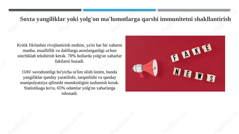 oki taqlidiy nomlardan foydalanishi mumkin. misol uchun, asl sayt 'example.com' bo'lsa, soxta sayt 'example.co' bo'lishi mumkin. o'z his-tuyg'ularingizni boshqarish his-tuyg'ularni boshqarish, masalan, 1 dan 10 gacha shkala bo'yicha baholash orqali, hissiyot intensivligini aniqlashga yordam beradi, bu esa adekvat javob berishga imkon beradi. diqqatni jamlash texnikasi, masalan, nafas olish mashqlari 4-7-8 usuli, stressni kamaytirishga va xotirjamlikni saqlashga yordam beradi, bu esa impulslarni boshqarishga yordam beradi. onlayn xatti-harakatlaringizni o'zgartirish onlayn bahslarda emotsional reaktsiyalarni kamaytiring. 5 soniya pauza qiling, so'ngra bahslashishdan oldin ma'lumotni tekshiring, bu sizga noto'g'ri ma'lumotni tarqatmaslikka yordam beradi. profilaktika uchun 2 ta manbadan ko'proq axborot oling. agar 70% axborot mos bo'lsa, demak, axborotning ishonchliligi darajasi yuqori bo'ladi. boshqalarni o'rgatish va xabardorlikni oshirish aholi orasida 75% bilimdonlikni oshirish uchun, 50 dan ortiq faktlarni tekshirish bo'yicha seminarlar o'tkazing, ularning 25% i ommaviy axborot vositalarida aks etsin. yosh avlodni o'qitishda 3 ta asosiy: tanqidiy fikrlash (40%), faktlarni tekshirish (30%) va axborot manbalari ishonchliligini …