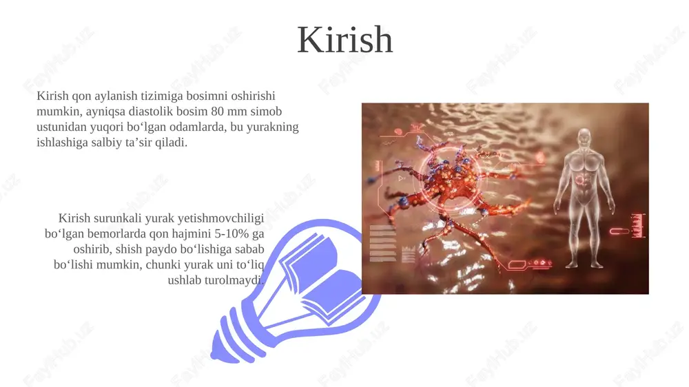 n tomirlarining elastikligini 15-20% ga oshirishi mumkin, bu esa qon bosimini normallashtiradi va ateroskleroz xavfini kamaytiradi. zararli odatlarning ta'siri chekish qon tomirlarini toraytiradi, natijada 20-30% gacha qon bosimi oshishi mumkin va ateroskleroz xavfini sezilarli darajada oshiradi. spirtli ichimliklar yurak mushagiga toksik ta'sir ko'rsatadi, aritmiya va yurak yetishmovchiligi xavfini 1.5-2 barobar oshiradi. xulosa 01 02 qon aylanish tizimi 20 yoshdan keyin sekinlashadi, bu esa yurak kasalliklari xavfini oshiradi. muntazam mashqlar, masalan, haftasiga 150 daqiqa o'rtacha intensivlikda yurakni sog'lom saqlaydi. sales 1st qtr 2nd qtr 100 0 sales 1st qtr 2nd qtr 100 0 e'tiboringiz uchun rahmat image5.jpg image6.jpg image7.jpg image8.jpg image9.jpg image10.jpg image11.jpg image12.jpg image13.jpg image14.jpg image15.jpg image16.jpg image1.jpeg image2.jpeg image3.jpeg