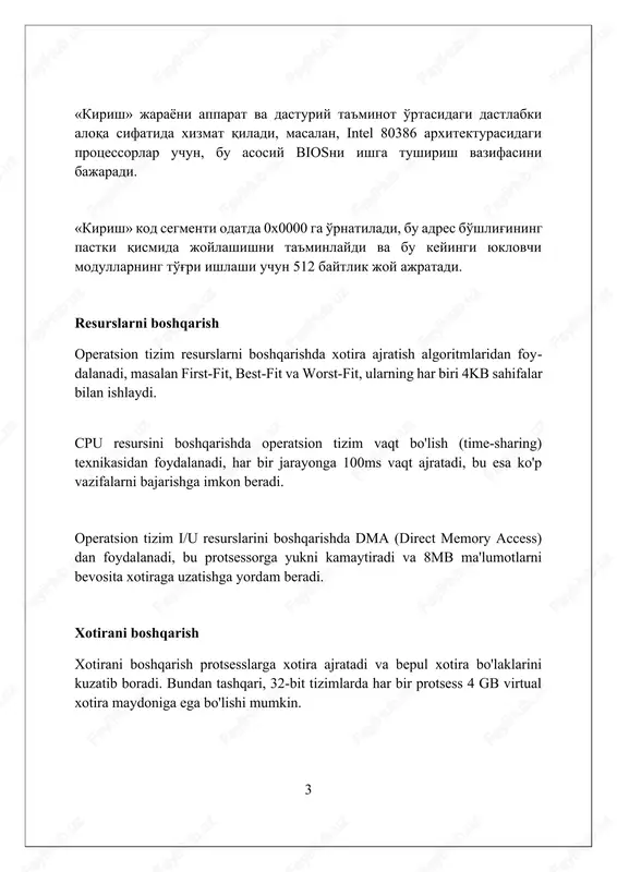 dan klaviatura, sichqoncha va printerlar uchun **drayverlarni** o'rnatish va konfiguratsiya qilishni o'z ichiga oladi, bu esa 100% moslikni ta'minlaydi. operatsion tizim i/o qurilmalarini boshqarish orqali resurslar urushining oldini oladi, masalan, bir nechta dastur bir vaqtning o'zida 1 ta printerdan foydalanishga harakat qilganda, bu muhim ahamiyatga ega. ma'lumotlarni i/o qurilmalariga uzatish **dma (to'g'ridan-to'g'ri xotiraga kirish)** kabi usullar yordamida amalga oshiriladi, bu esa cpu yukini kamaytiradi va uzatish tezligini 50% ga oshiradi. xatolarni qayta ishlash xatolarni qayta ishlash jarayonida os 16-bitli crc xatolik tekshiruv kodidan foydalanib, diskdagi ma'lumotlarning yaxlitligini ta'minlaydi va buzilgan sektorlarni ajratib ko'rsatadi. os drayver darajasidagi istisnolarni hal qiladi, masalan, 0x0000007b xatolik, tizimni qayta ishga tushirish orqali tiklashga urinadi va hatoliklar jurnaliga yozib qo'yadi. operatsion tizim 4096-baytlik sahifa xatolarini aniqlaydi va ularni tuzatish uchun virtual xotiradan ma'lumotlarni olib, dasturiy ta'minotning barqaror ishlashini ta'minlaydi. xavfsizlikni ta'minlash operatsion tizim xavfsizligi, kirish nazoratini o'z ichiga oladi, bu erda 128-bitli shifrlash kabi usullar bilan …