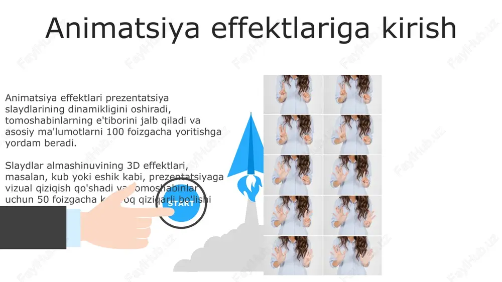 rish mumkin. auditoriya bilan o'zaro aloqani osonlashtirish interaktiv so‘rovlar, masalan, 7-slaydga “ha/yo‘q” savoli qo‘shish orqali auditoriya fikrini tezda aniqlang, javoblarni real vaqtda diagrammalarda ko‘rsating, bu esa o‘zaro ta’sirni kuchaytiradi. gipersenvolar yordamida auditoriyani 4-slaydda berilgan mavzuga oid qo‘shimcha ma’lumot manbalariga yo‘naltiring, bu ularning tushunishini chuqurlashtiradi va o‘rganishni osonlashtiradi. 06 05 04 maqsadga muvofiq animatsiya yaratish 01 02 animatsiya maqsadini aniqlash, masalan, diqqatni jalb qilish yoki ma'lumotni ta'kidlash, uning samaradorligini oshiradi. 1-2 sekundlik qisqa animatsiyalar e'tiborni fokuslash uchun optimaldir. muvofiq animatsiya elementlari, masalan, rang va shakllar, auditoriya e'tiborini slaydda yo'naltirishga yordam beradi. 3d animatsiyalar, agar maqsadga mos bo'lsa, vizual qiziqish uyg'otadi. animatsiyaning afzalliklari va kamchiliklari animatsiyaning afzalliklaridan biri – bu 2d yoki 3d vizualizatsiya orqali murakkab ma'lumotlarni, hatto jarayonlarni ham oson tushuntirish va 10 barobar tezroq anglash imkoniyatidir. animatsiya yaratish jarayoni qimmat va vaqt talab qilishi mumkin, xususan, yuqori sifatli 3d animatsiyalar uchun professional jamoa va kuchli kompyuter resurslari zarur, bu esa …