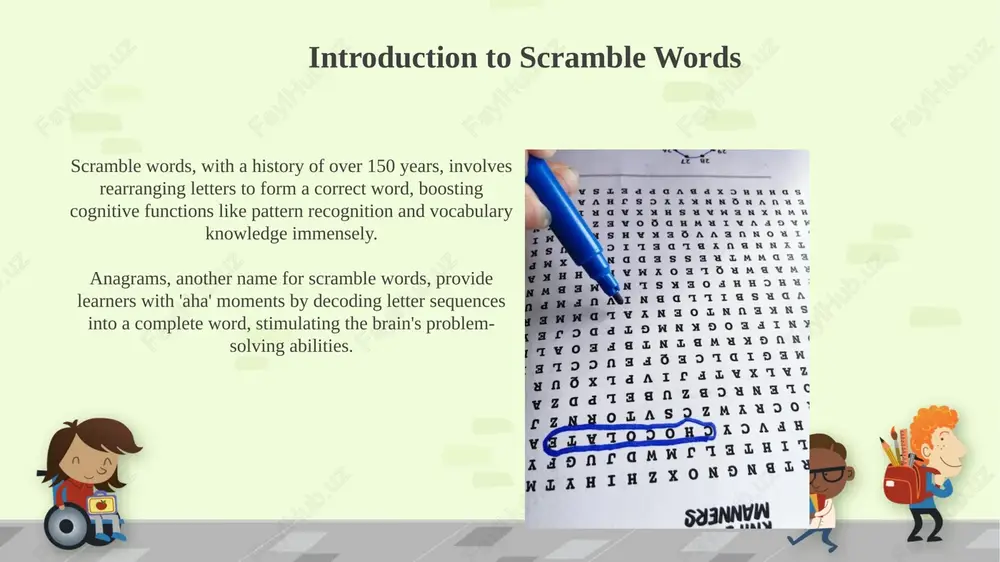 ience for grades 2-5. implement a difficulty gradient by adjusting the number of picture fragments, ranging from 4 for easy words to a maximum of 12 for advanced vocabulary to improve student engagement and retention. activity 8: scramble word crossword hybrid this hybrid activity blends 2 word puzzle formats; first, unscramble 8-12 provided words related to a central theme or subject, then use those answers to populate a standard crossword grid. the 'scramble word crossword hybrid' combines word association skills with vocabulary recall, offering 2 levels of challenge in 1 activity, promoting both engagement and knowledge reinforcement for participants. activity 9: digital scramble word games digital platforms like quizlet live or blooket can host engaging team-based scramble word games, enhancing collaboration with features for up to 30 players and instant results viewing. implementing timers and scoreboards in digital scramble games adds a competitive edge, as participants solve approximately 15-25 anagrams …