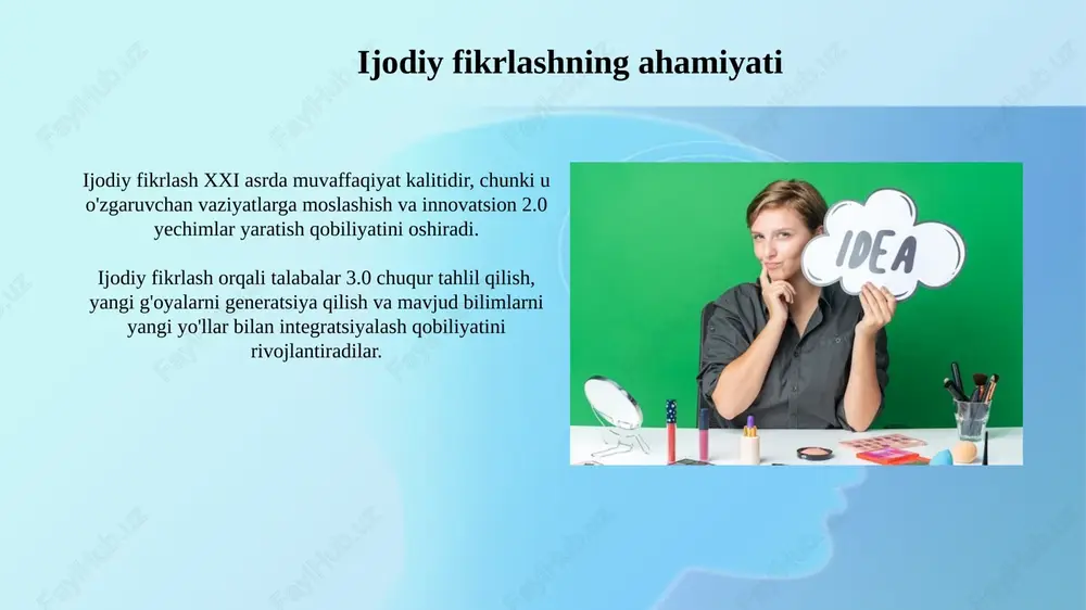 ha ishlariga mos keladi. hamkorlik va fikr almashishni rag'batlantirish "aqliy hujum" usulini qo'llash: guruhlarda 5-10 daqiqa davomida har bir talaba imkon qadar ko'p g'oya o'ylab topadi, hech qanday tanqid qilmasdan, bu ijodiy muhit yaratadi. "rol o'yinlari" orqali turli vaziyatlarni modellashtirish: bu talabalarga 360 daraja nuqtai nazardan qarashga yordam beradi va 2 yoki undan ortiq fikrlash usullarini sinab ko'rish imkonini beradi. e'tiboringiz uchun rahmat image3.jpg image4.jpg image5.jpg image6.jpg image7.jpg image8.jpg image9.jpg image10.jpg image11.jpg image12.jpg image13.jpg image1.png