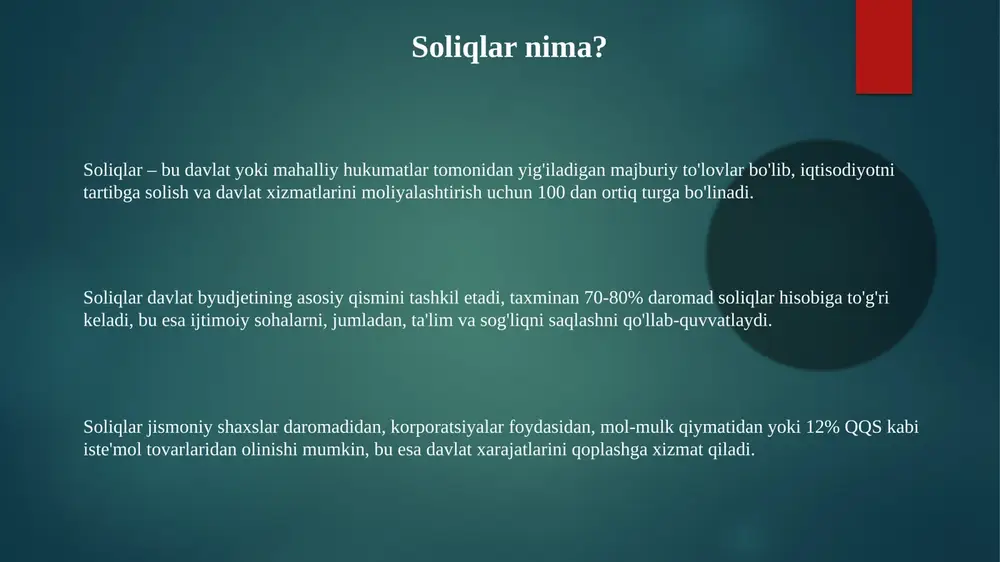 udjetga to'lanadigan soliq summasi aniqlanadi, bunda asosiy e'tibor qo'shilgan qiymatga qaratiladi va bu soliq yukini minimallashtiradi. o'zbekistonda qqs to'lovchilari uchun 30 kundan ortiq muddatga kechiktirilgan to'lovlar bo'yicha 0 foiz stavka qo'llanilishi mumkin, bu esa tadbirkorlarga moliyaviy yordam beradi. aksiz solig'i aksiz solig'i stavkalari tovarning turiga va hajmiga qarab farq qiladi; masalan, har bir litr alkogol uchun belgilangan miqdor bo'lishi mumkin yoki tamaki mahsulotlari uchun soliq foizlarda belgilanishi mumkin. aksiz solig'i o'zbekistonda ishlab chiqarilgan yoki import qilingan ayrim turdagi tovarlarga qo'llaniladi, masalan, alkogolli ichimliklar, tamaki mahsulotlari va benzin kabi tovarlarga nisbatan qo'llaniladi. ushbu soliqning asosiy maqsadi davlat byudjetini to'ldirishdan tashqari, zararli tovarlar iste'molini kamaytirishga qaratilgan bo'lib, sog'liqni saqlash sohasida ijobiy ta'sir ko'rsatishi mumkin. mol-mulk solig'i mol-mulk solig'i jismoniy shaxslar uchun kadastr qiymatidan kelib chiqib hisoblanadi, stavkalari 0.2% dan 1.5% gacha bo'lishi mumkin, bu esa hududiy xususiyatlarga bog'liq. yuridik shaxslar uchun mol-mulk solig'i balansdagi o'rtacha yillik qoldiq qiymatiga asosan hisoblanadi va stavka …