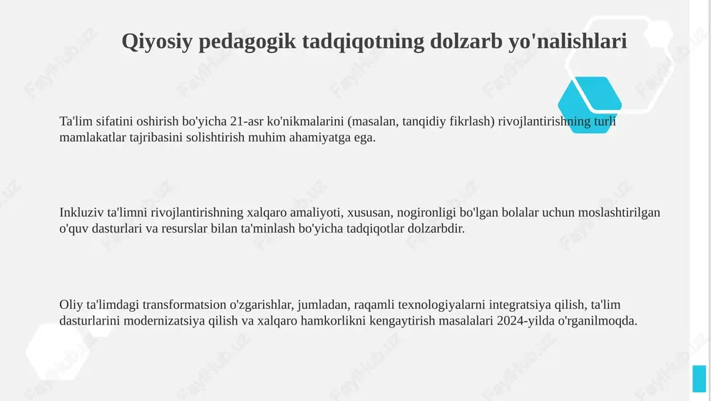 y jihatlari maktablarni moliyalashtirish modellari, masalan, har bir o'quvchiga 5 million so'm ajratish bo'yicha desentralizatsiya va avtonomiyani baholaydi. qiyosiy tahlil o'qituvchilarni tayyorlash standartlarini, jumladan, magistratura darajasiga ega o'qituvchilar ulushini 60%ga yetkazishni xalqaro tajriba bilan solishtirib, takomillashtirish yo'llarini izlaydi. ta'limdagi tenglik va adolat masalalari gender tengligi bo'yicha tadqiqotlar, xususan stem fanlarida qizlarning ishtiroki va muvaffaqiyatini oshirish uchun 5 yillik o'quv dasturlarini tahlil qiladi. ta'limdagi tenglik va adolat masalalari, 2023-yilda o'tkazilgan tadqiqotlarga ko'ra, ijtimoiy-iqtisodiy kelib chiqishi past bo'lgan o'quvchilarning ta'lim olish imkoniyatlarini o'rganadi. inklyuziv ta'lim bo'yicha tadqiqotlar, 15% o'quvchida nogironlik mavjudligi sababli, individual ta'lim rejalari (itp) samaradorligini baholashga qaratilgan. maktabgacha ta'limning qiyosiy tadqiqoti maktabgacha ta'limning qiyosiy tadqiqoti erta bolalik rivojlanishining turli xil modellarini, masalan, reggio emilia va waldorf yondashuvlarini o'rganib, ularning samaradorligini solishtiradi. ushbu tadqiqot maktabgacha ta'lim siyosatining davlat xarajatlari, o'qituvchilarning malakasi va o'quv dasturlarining standartlari kabi ko'rsatkichlar bo'yicha global tendensiyalarini tahlil qiladi. qiyosiy pedagogika maktabgacha ta'limda inklyuzivlikni tadqiq etadi, turli mamlakatlarda …