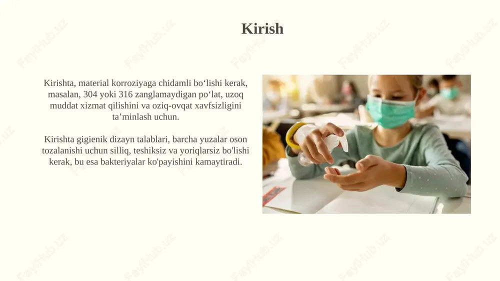 larni vizual tekshiruvdan o'tkazishlari shart. monitoring tizimi har bir uskunaning haroratini 15 daqiqada bir marta o'lchaydi va 40°c dan yuqori ko'rsatkichlar qayd etilganda avtomatik ogohlantirish beradi. standartlar va qonunchilik texnologik jihozlarga qo'yiladigan gigiyenik talablar o'z dst 2393:2014 standarti bilan tartibga solinadi, bunda materiallar va konstruksiyalar sanitar xavfsizligini ta'minlashga qaratilgan. vazirlar mahkamasining 20.01.2021 yildagi 32-son qarori «oziq-ovqat mahsulotlarining xavfsizligi to'g'risida»gi texnik reglamentni tasdiqlaydi, jihozlar yuzasi toksik moddalar chiqarmasligini belgilaydi. xulosa gigienik talablarga rioya qilish orqali uskunalar 99.9% tozalik darajasiga erishishi va oziq-ovqat xavfsizligini ta'minlashi mumkin. tozalash va dezinfeksiya jarayonlari, jumladan 75 daraja issiq suvdan foydalanish, uskunaning gigienik holatini saqlashda muhim ahamiyatga ega. e'tiboringiz uchun rahmat image4.jpg image5.jpg image6.jpg image7.jpg image8.jpg image9.jpg image10.jpg image11.jpg image12.jpg image13.jpg image14.jpg image15.jpg