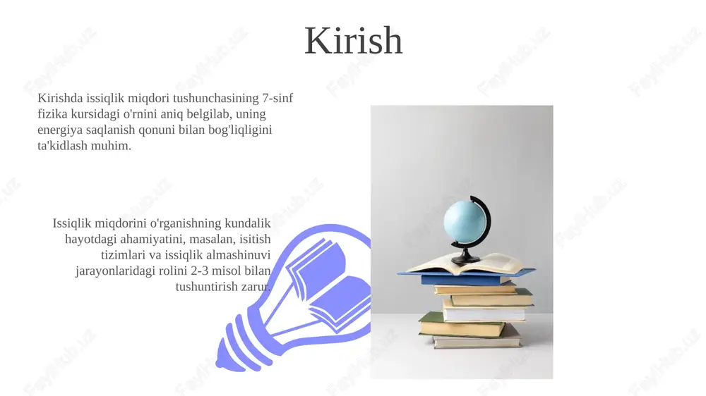 lik miqdori»ni o'rganishda eksperimentlar orqali tushunchalarni 80% gacha mustahkamlash mumkin. guruhlarda ishlash, rolli o'yinlar, «muammoli vaziyatlar» kabi interaktiv metodlar, issiqlik miqdori tushunchasini 65% ga yaxshiroq anglashga yordam beradi hamda 4 ta muhim omilni ochib beradi. mustaqil ish topshiriqlari mustaqil ish topshiriqlari o'quvchilarning 7-sinfda issiqlik miqdori formulasini (q=mcδt) amaliy masalalarni yechishda qo'llash qobiliyatini rivojlantiradi. ushbu topshiriqlar issiqlik sig'imi (c) va massa (m) o'zgarishini tahlil qilib, jismning harorat o'zgarishiga (δt) ta'sirini o'rganishga qaratilgan. baholash mezonlari va usullari o'quvchilarning tushunish darajasini aniqlash uchun testlar, nazorat ishlari va og'zaki so'rovlar kabi 3 xil baholash usuli qo'llaniladi, har biri 10 balldan baholanadi. issiqlik miqdori mavzusini o'zlashtirishda muammoga duch kelgan o'quvchilarga differensial yondashuv asosida qo'shimcha mashqlar va tushuntirishlar beriladi (2-variant). dars ishlanmasi namunasi 01 02 dars ishlanmasi namunasi 7-sinf oʻquvchilari uchun issiqlik miqdori tushunchasini kiritishda 4e modelidan foydalanishni koʻrsatadi, bu yerda tajribalar muhim rol oʻynaydi. sales 1st qtr 2nd qtr 100 0 sales 1st qtr 2nd …